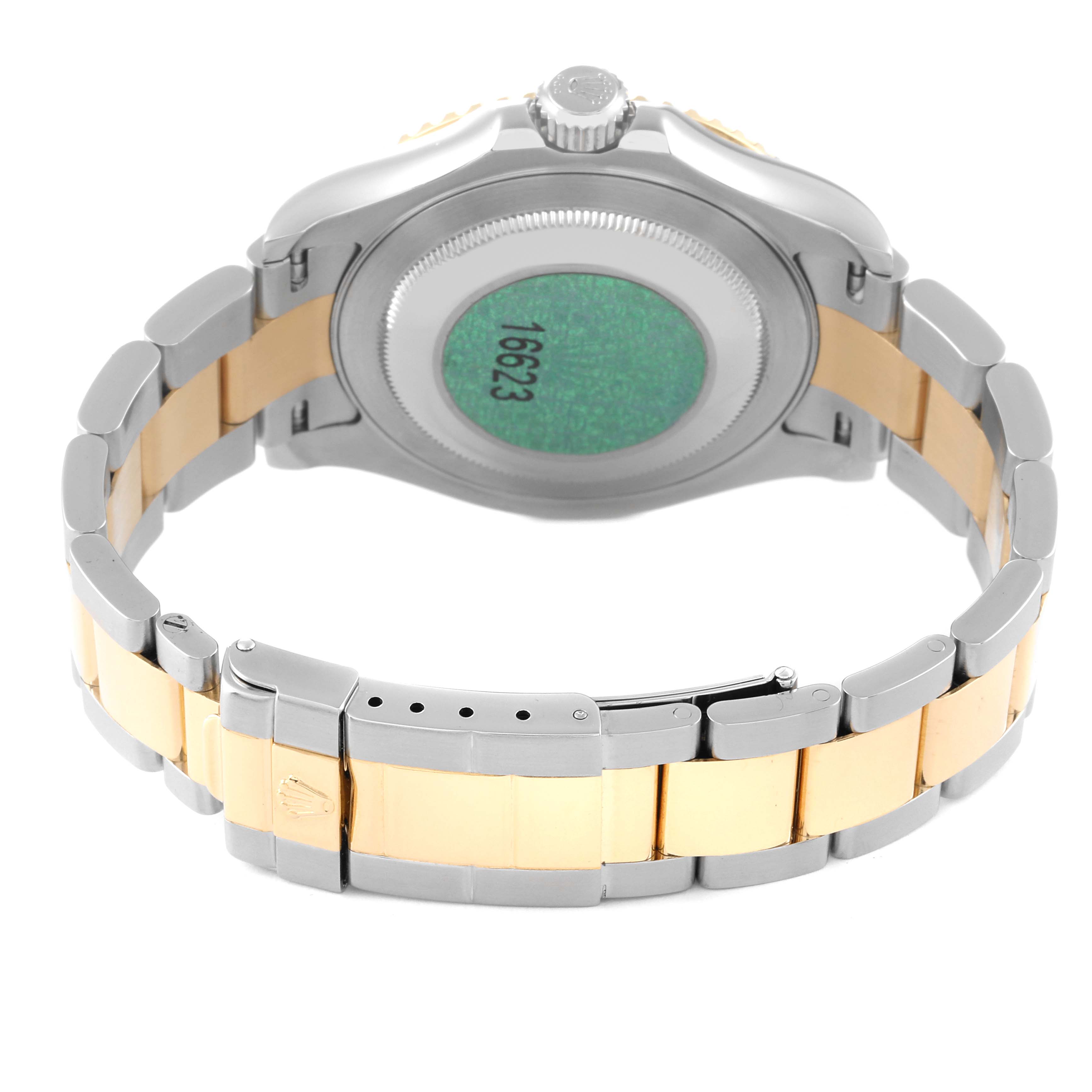 The image shows the back view of a Rolex Yacht-Master 16623 Men's Steel and Gold (two tone) Mother of Pearl Dial 16623 Men's Steel and Gold (two tone) Mother of Pearl Dial watch, highlighting its bracelet and clasp.