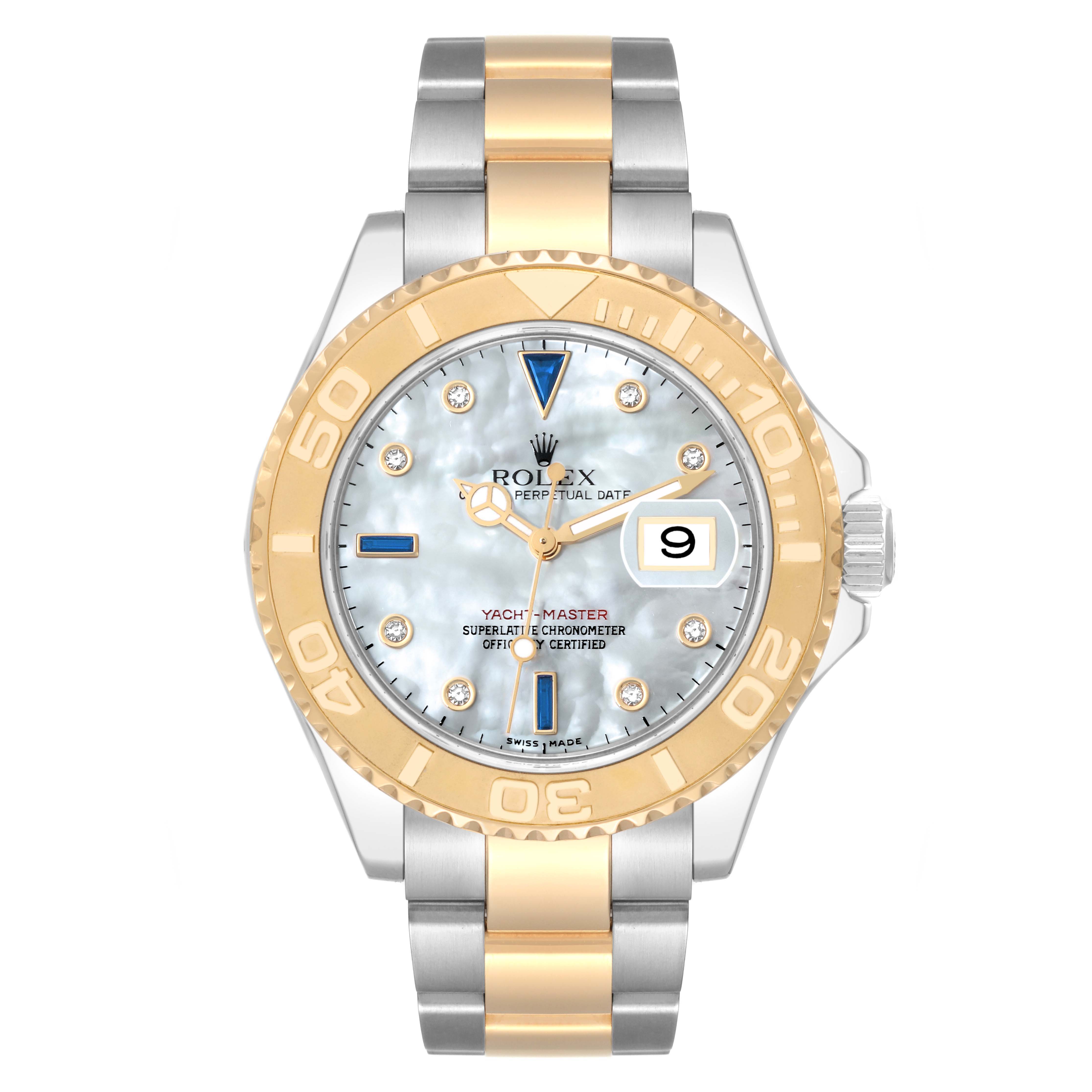 The image shows a front view of the Rolex Yacht-Master 16623 Men's Steel and Gold (two tone) Mother of Pearl Dial 16623 Men's Steel and Gold (two tone) Mother of Pearl Dial watch, highlighting its dial, bezel, and bracelet.