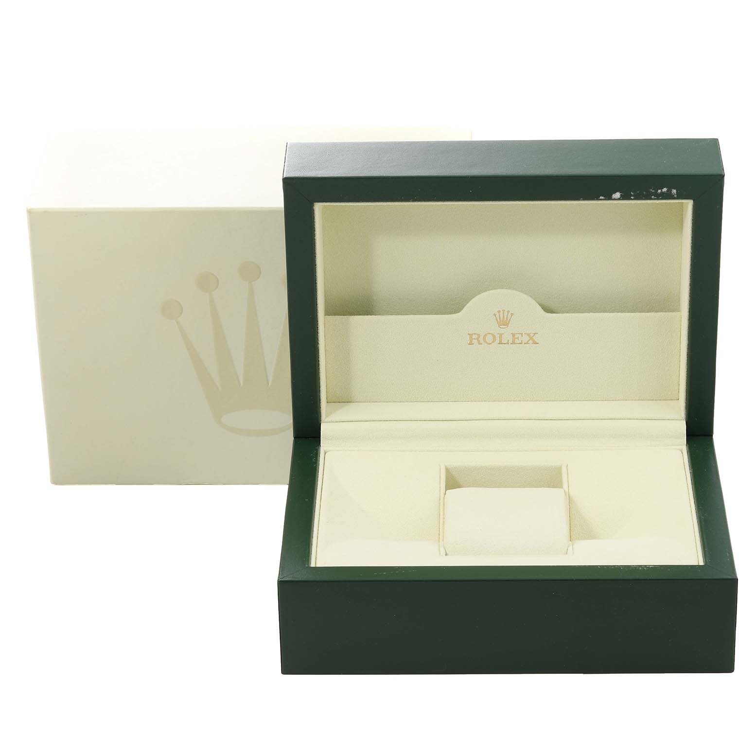 The image shows an open Rolex Yacht-Master 16623 Men's Steel and Gold (two tone) Mother of Pearl Dial 16623 Men's Steel and Gold (two tone) Mother of Pearl Dial watch box with the outer box in the background.