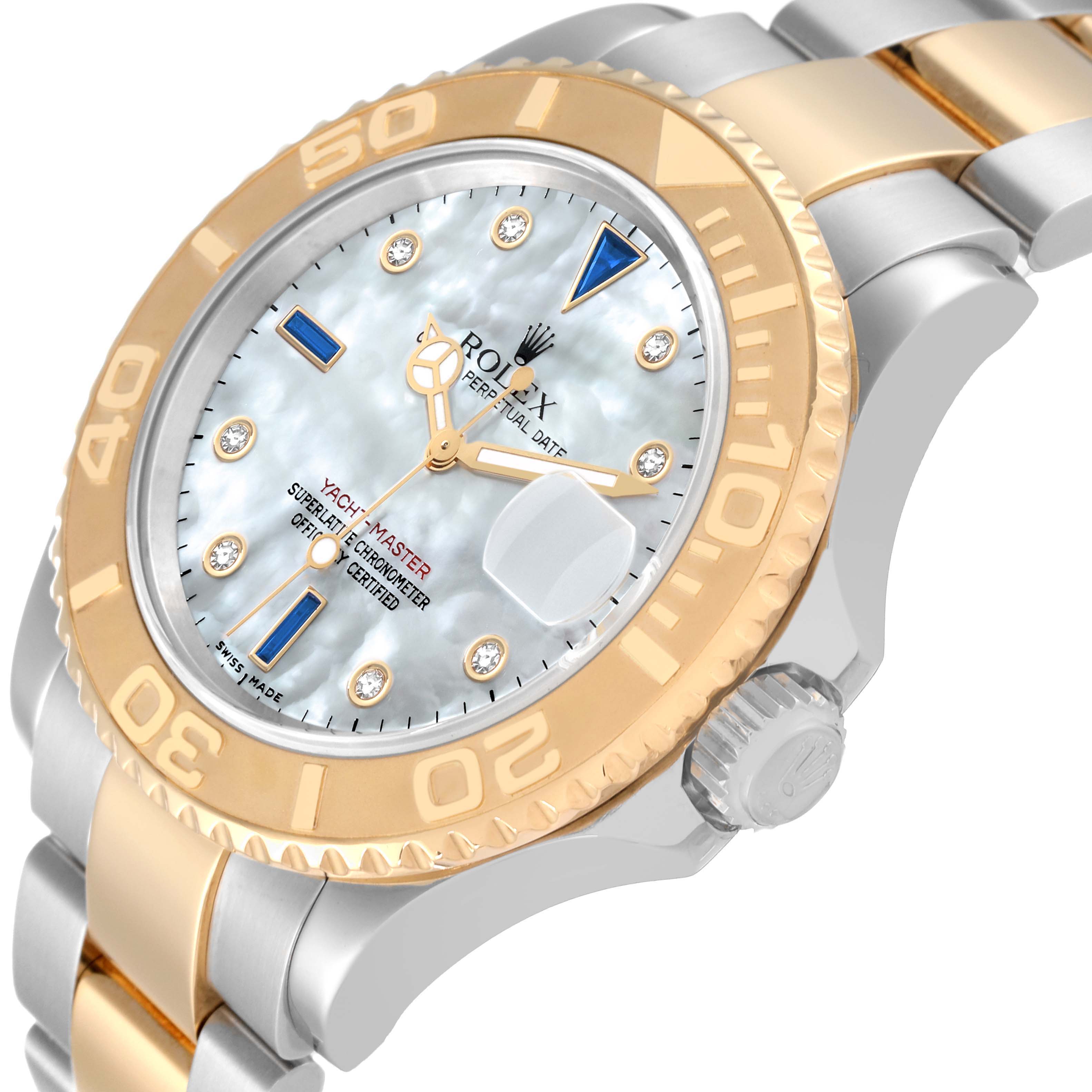 The Rolex Yacht-Master 16623 Men's Steel and Gold (two tone) Mother of Pearl Dial 16623 Men's Steel and Gold (two tone) Mother of Pearl Dial watch is shown at an angle highlighting its dial, bezel, and part of its bracelet.
