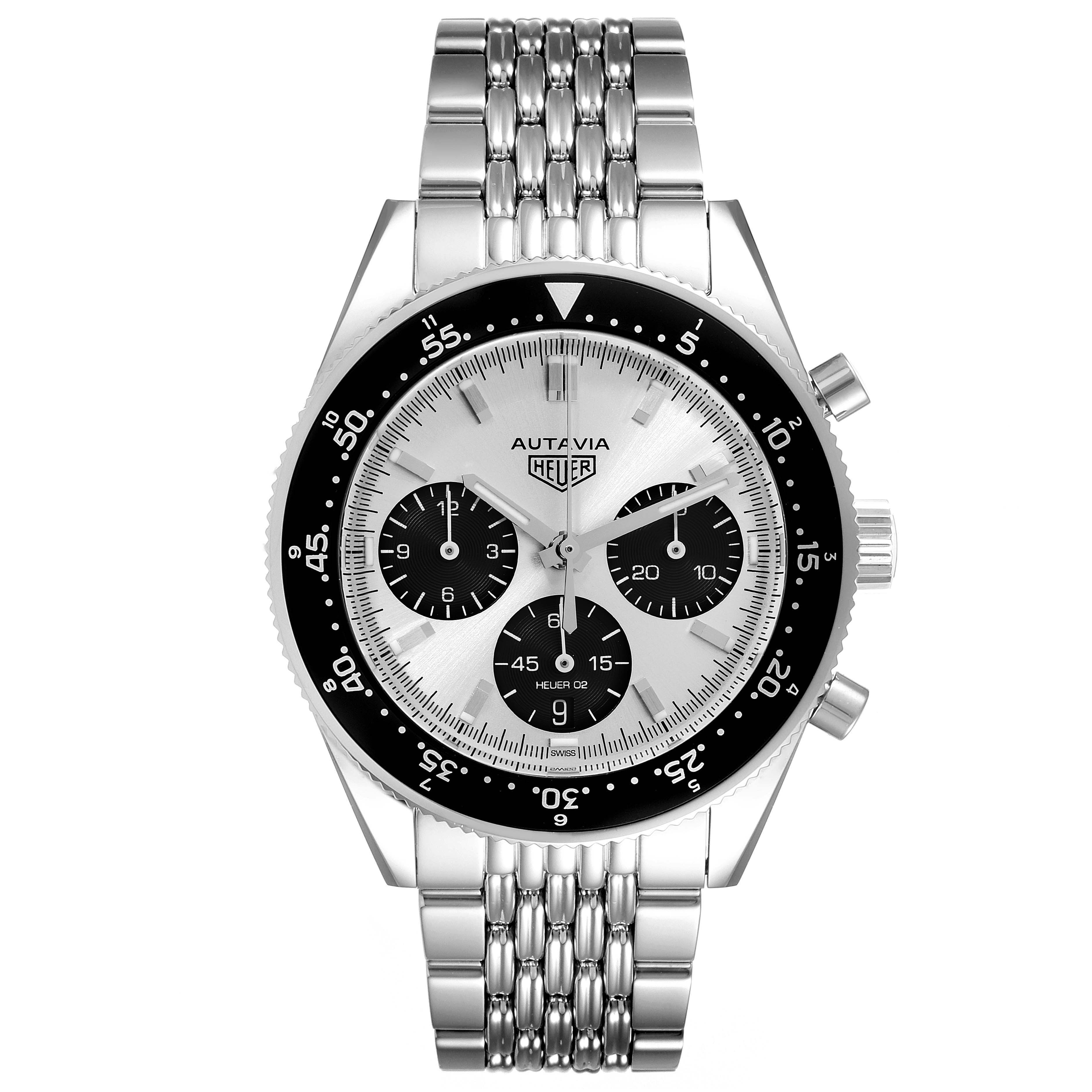 The image shows a front view of the Tag Heuer Autavia CBE2111.BA0687 Men's Stainless Steel Silver Dial CBE2111.BA0687 Men's Stainless Steel Silver Dial watch with its stainless steel bracelet and chronograph dials clearly visible.