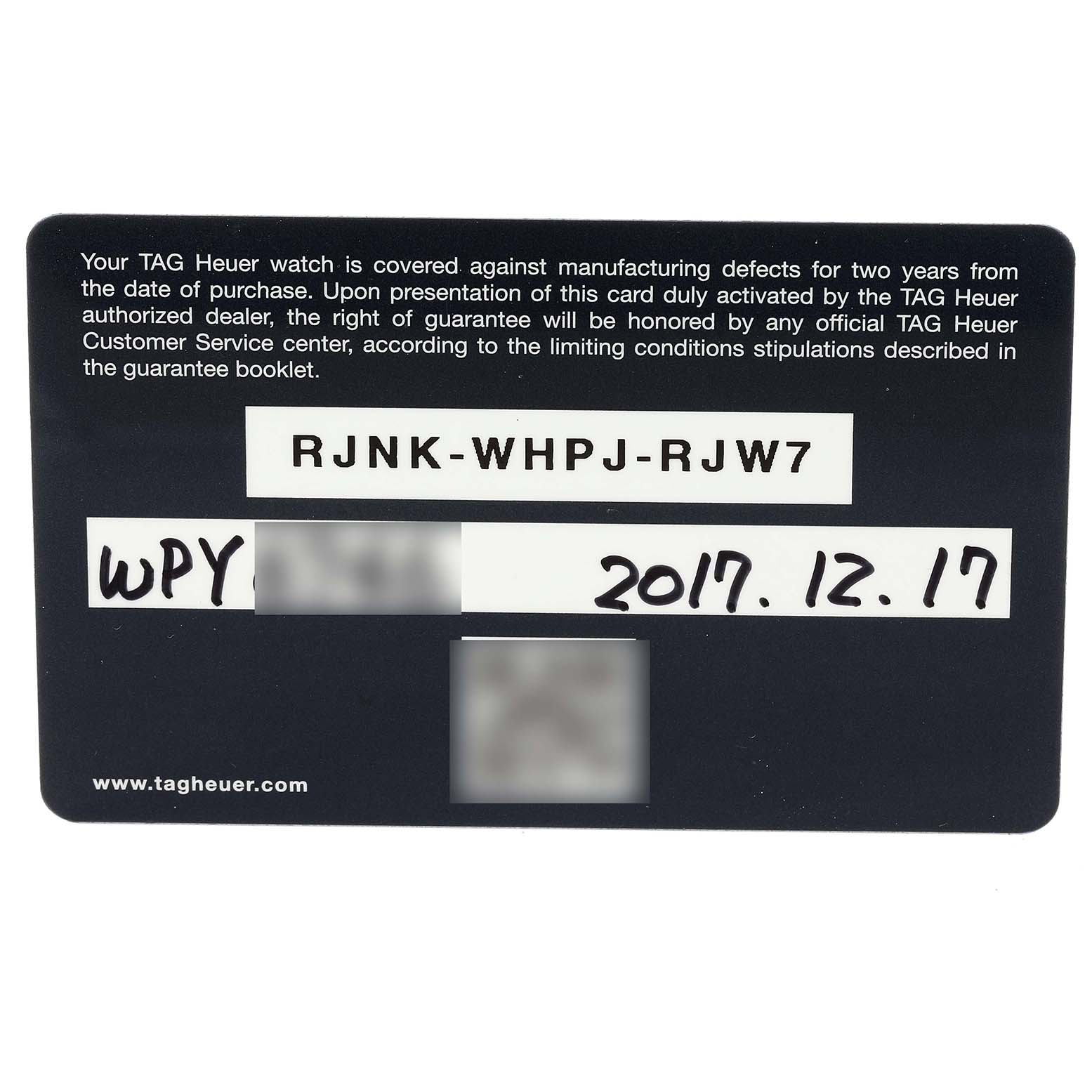 This is a Tag Heuer Autavia CBE2111.BA0687 Men's Stainless Steel Silver Dial CBE2111.BA0687 Men's Stainless Steel Silver Dial warranty card showing the serial number, purchase date, and other warranty information.