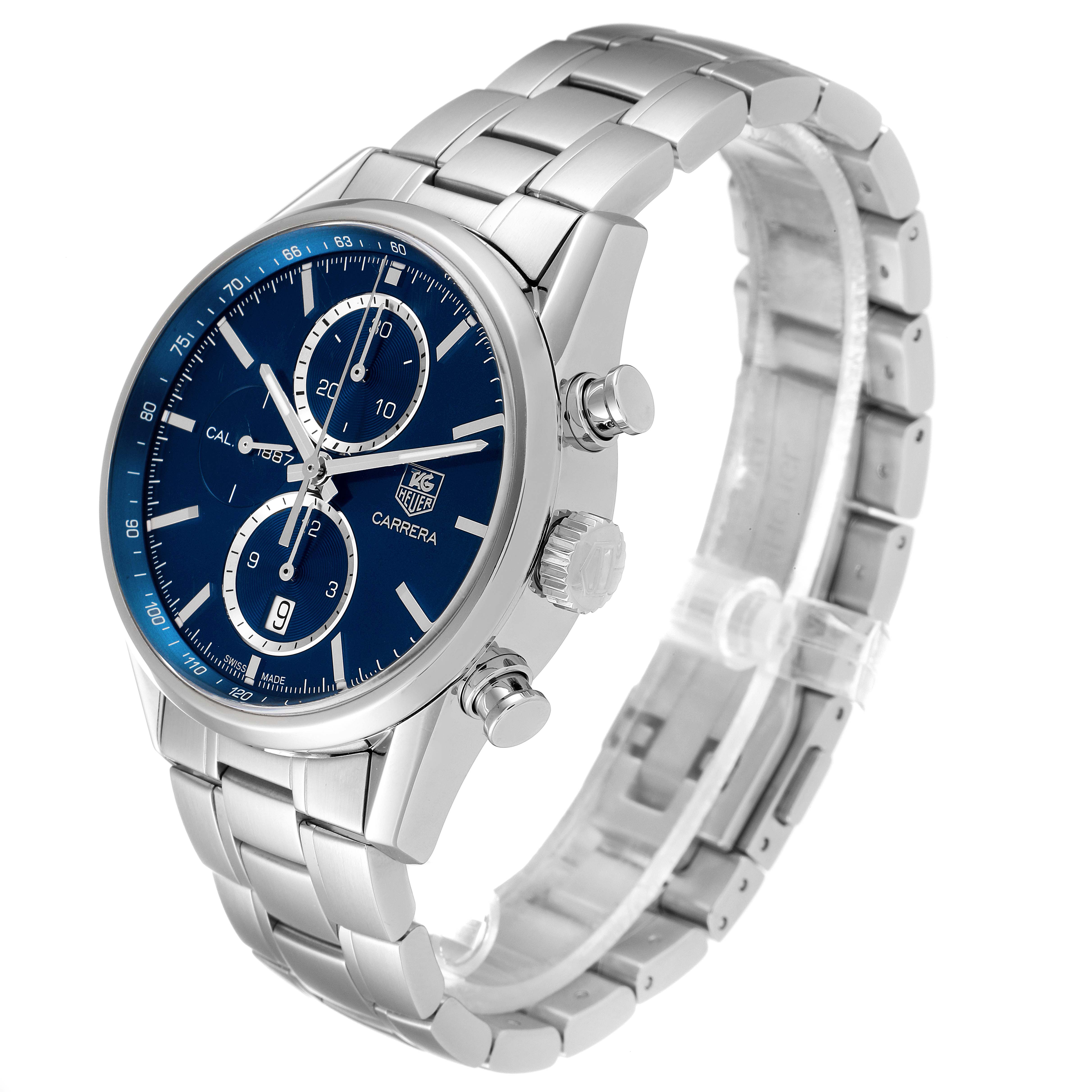 This is a side and three-quarter view of the Tag Heuer Carrera CAR2115 Men's Stainless Steel Blue Dial CAR2115 Men's Stainless Steel Blue Dial watch, showing its blue dial, pushers, crown, and metallic strap.