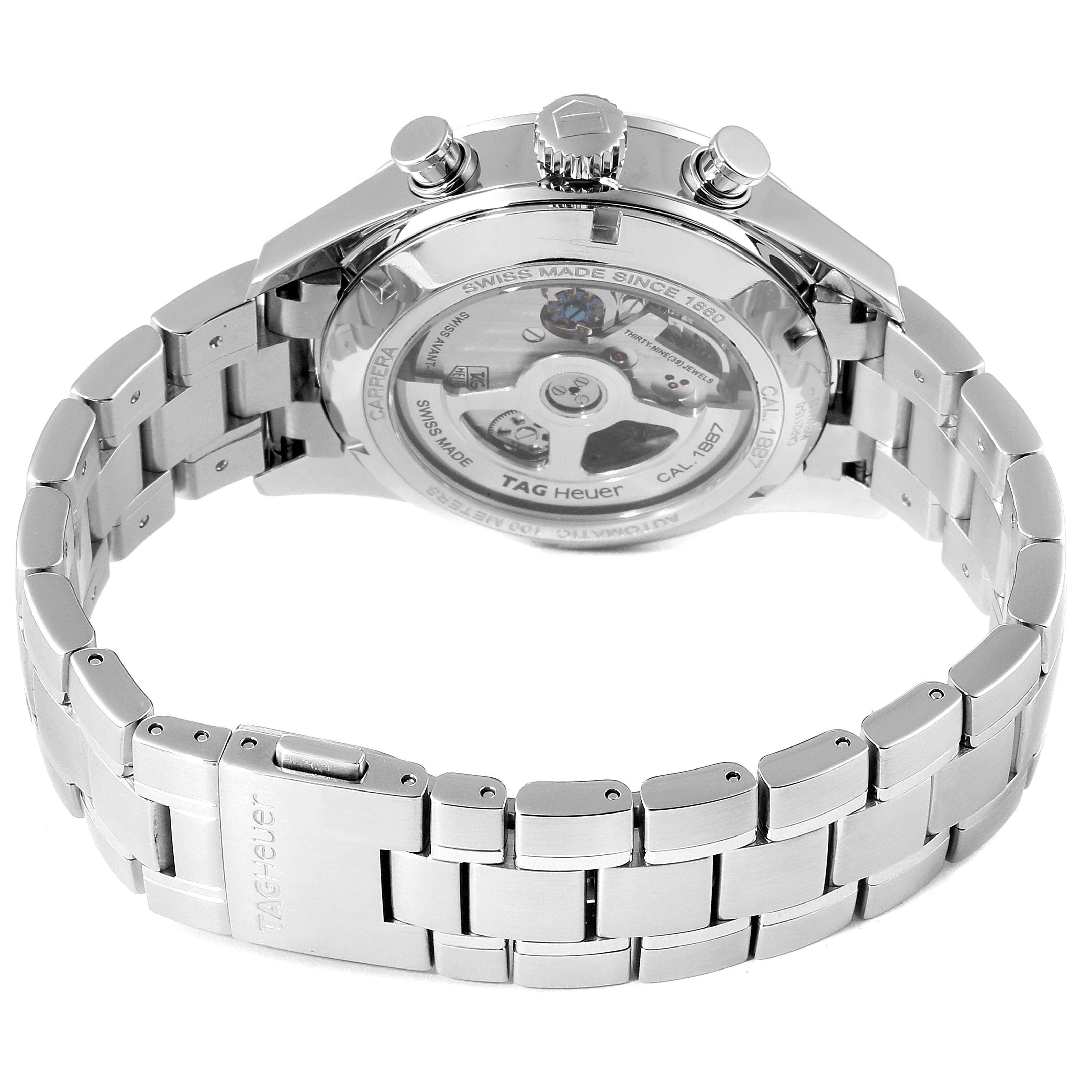 The image shows the back and the bracelet of a Tag Heuer Carrera CAR2115 Men's Stainless Steel Blue Dial CAR2115 Men's Stainless Steel Blue Dial watch, highlighting the automatic movement and clasp.