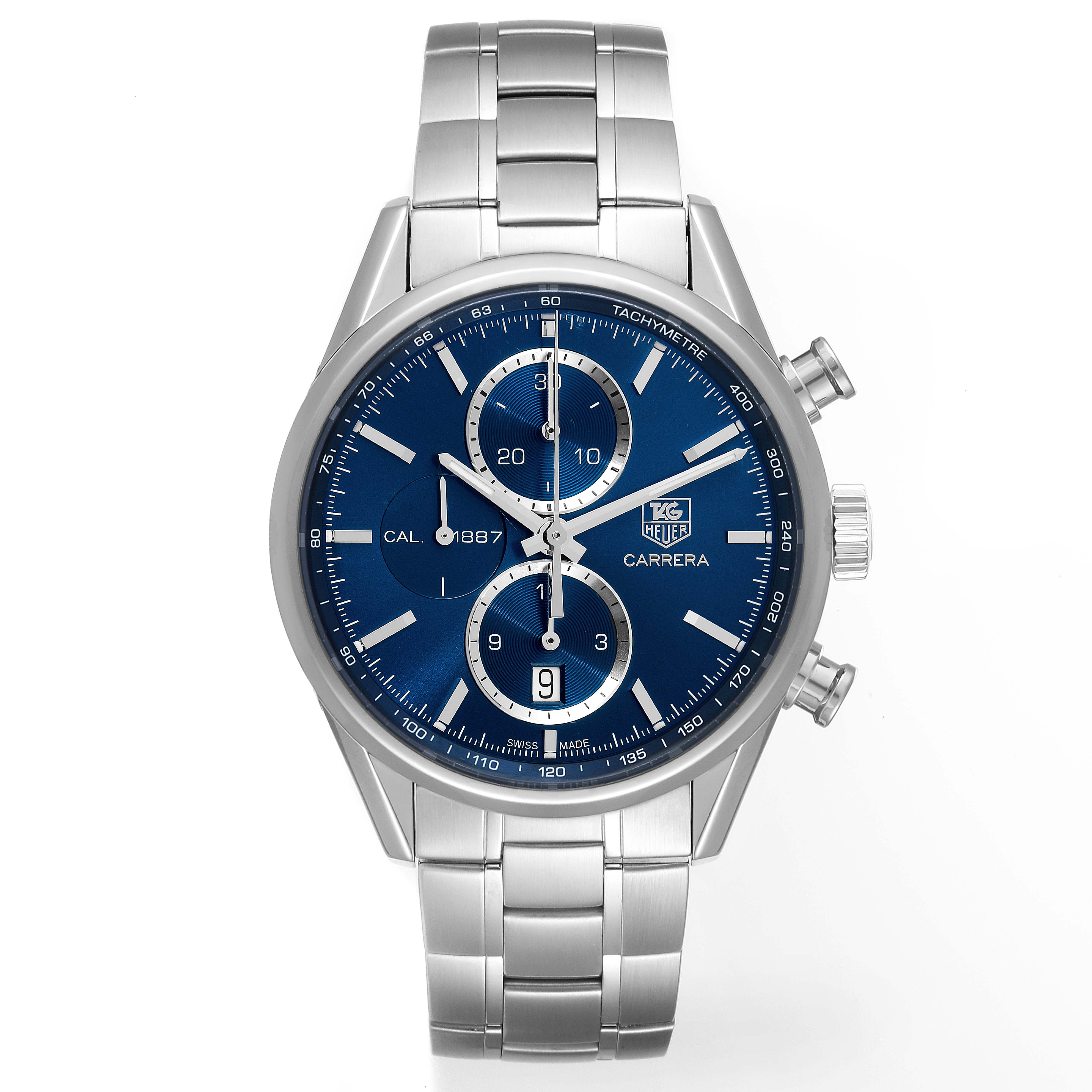 The image shows a front view of the Tag Heuer Carrera CAR2115 Men's Stainless Steel Blue Dial CAR2115 Men's Stainless Steel Blue Dial watch, featuring a blue dial, chronograph subdials, and a metal bracelet.