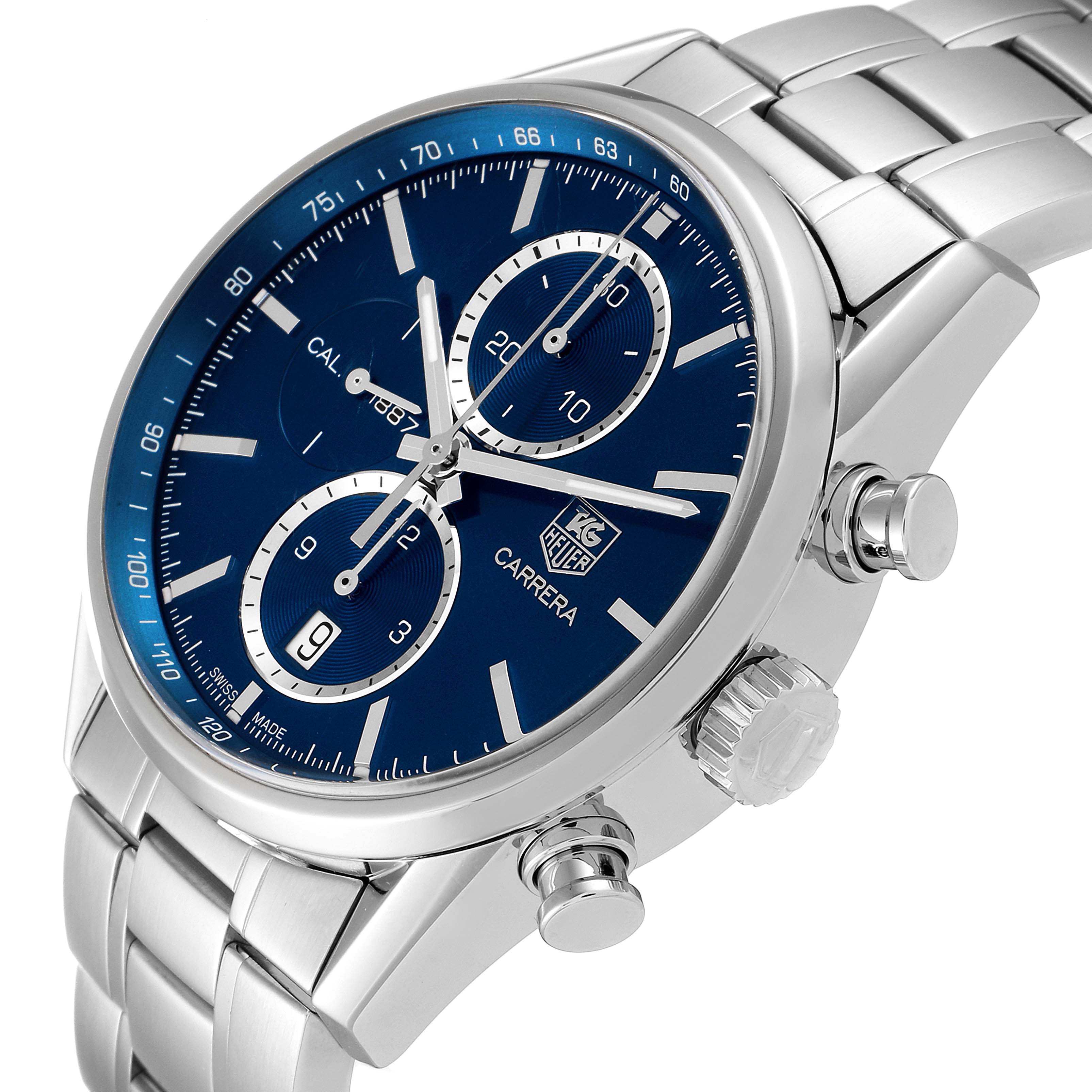 The image shows a Tag Heuer Carrera CAR2115 Men's Stainless Steel Blue Dial CAR2115 Men's Stainless Steel Blue Dial watch face, side buttons, crown, and part of the metal bracelet at an angled view.