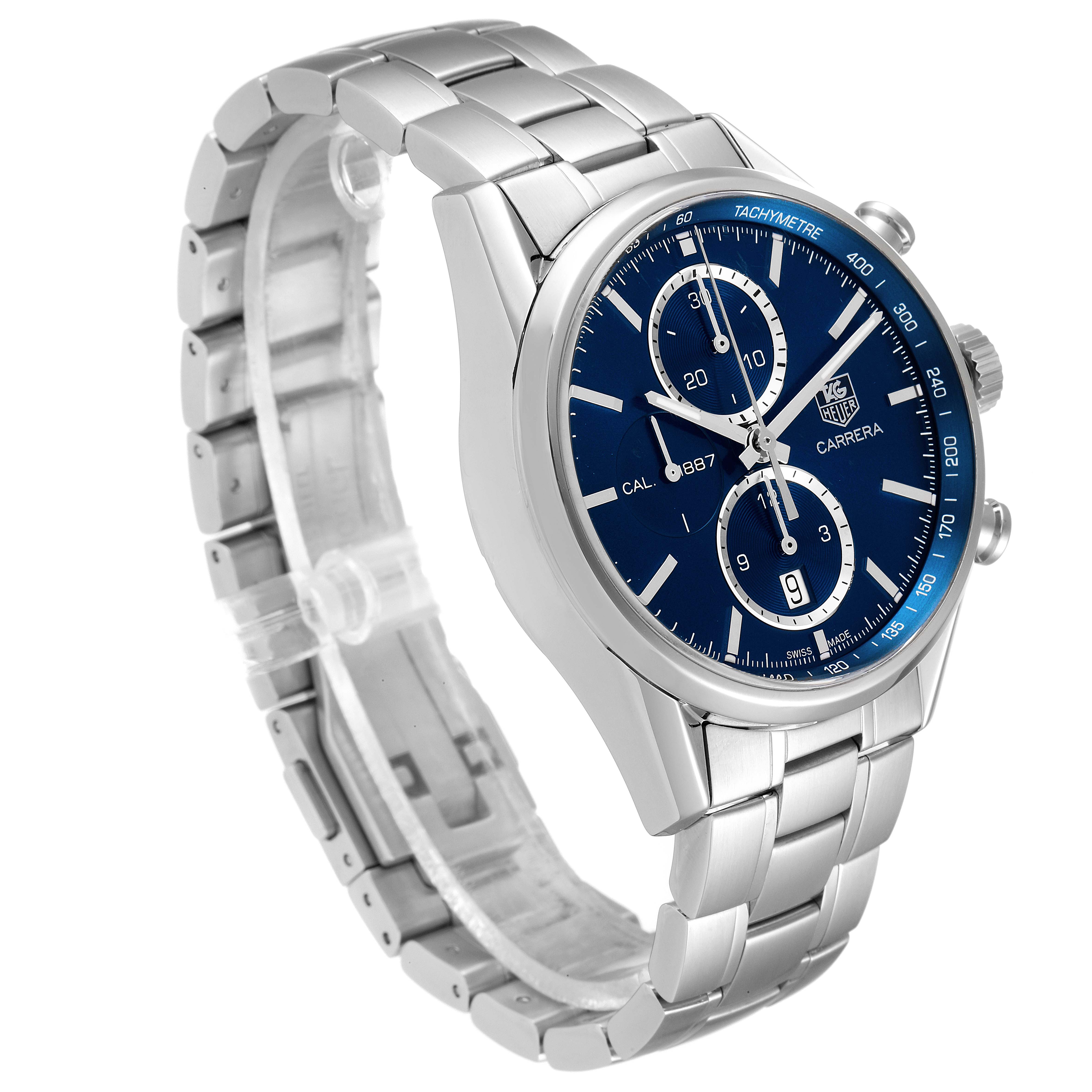 The image shows a side angle view of the Tag Heuer Carrera CAR2115 Men's Stainless Steel Blue Dial CAR2115 Men's Stainless Steel Blue Dial model watch, highlighting its face, bezel, pushers, and metal bracelet.