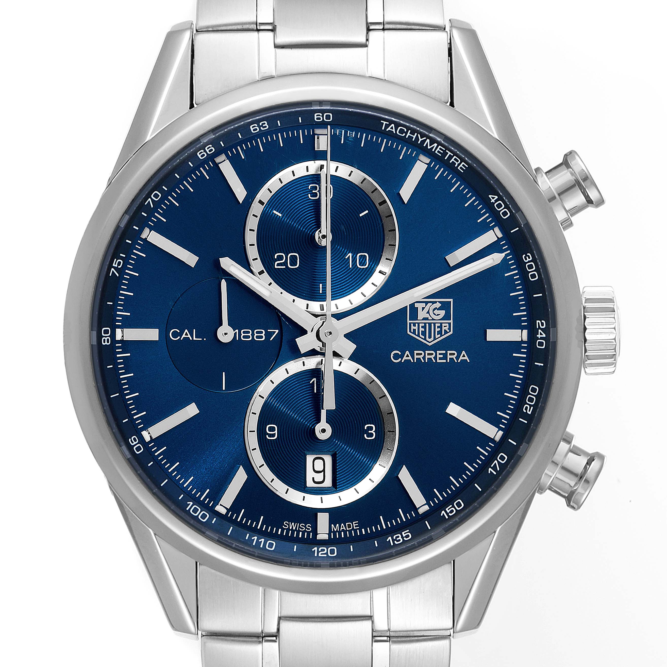 This image shows a front view of a Tag Heuer Carrera CAR2115 Men's Stainless Steel Blue Dial CAR2115 Men's Stainless Steel Blue Dial watch, highlighting its blue dial, sub-dials, tachymeter, and stainless steel bracelet.