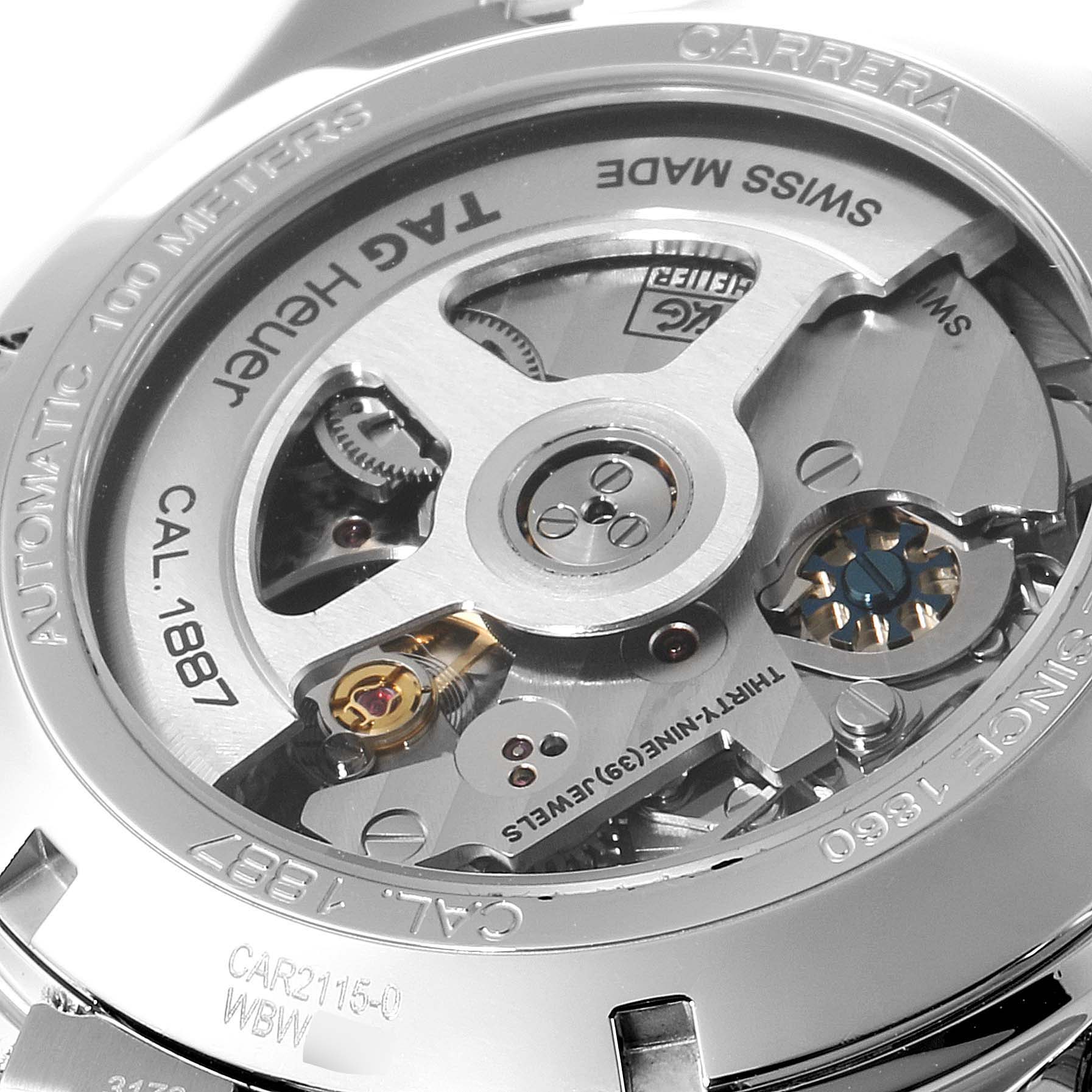 The image shows the back view of a Tag Heuer Carrera CAR2115 Men's Stainless Steel Blue Dial CAR2115 Men's Stainless Steel Blue Dial watch, displaying its Caliber 1887 automatic movement.