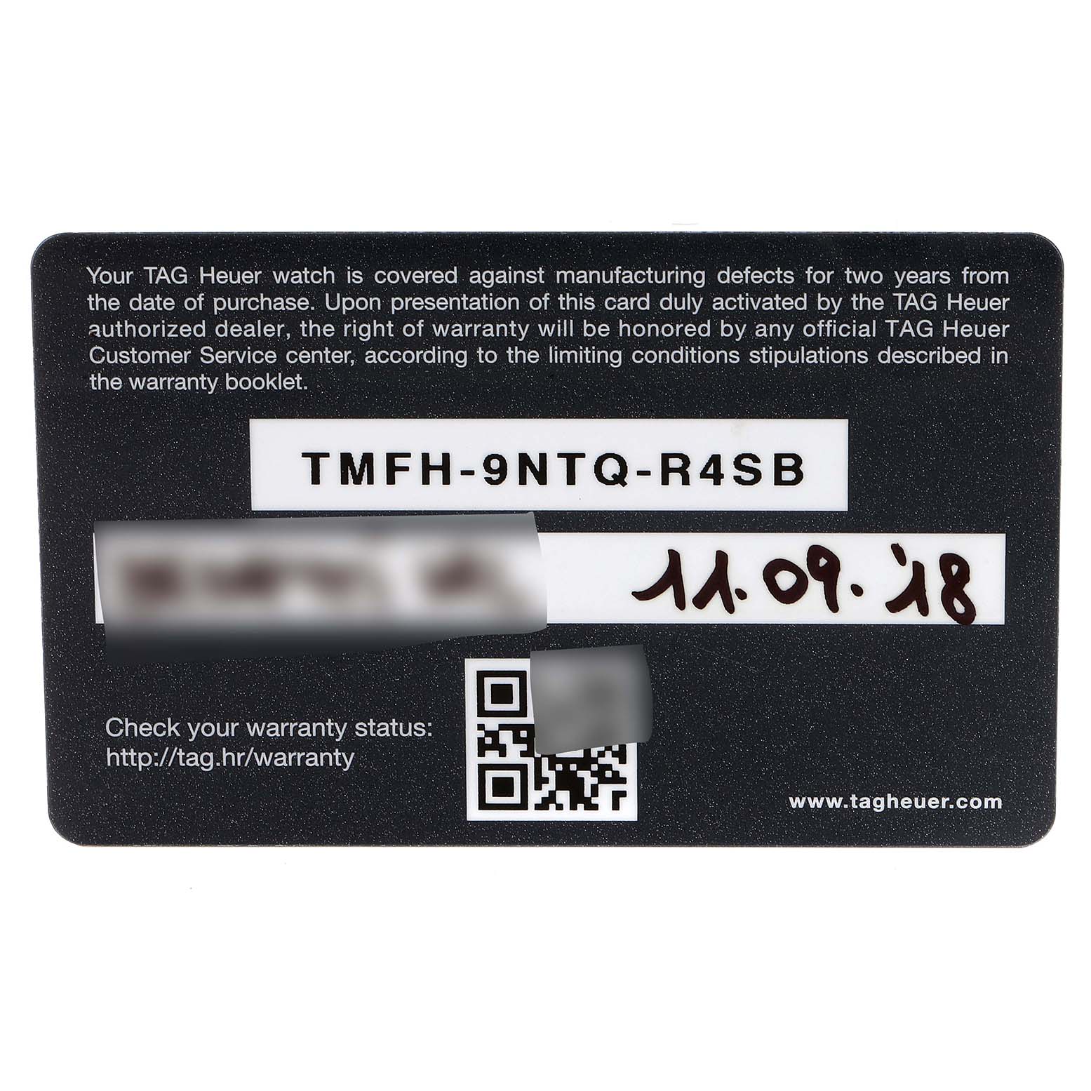 This image shows the warranty card for the Tag Heuer Carrera CAR201V.BA0714 Men
s Stainless Steel Black Dial CAR201V.BA0714 Men
s Stainless Steel Black Dial model watch.