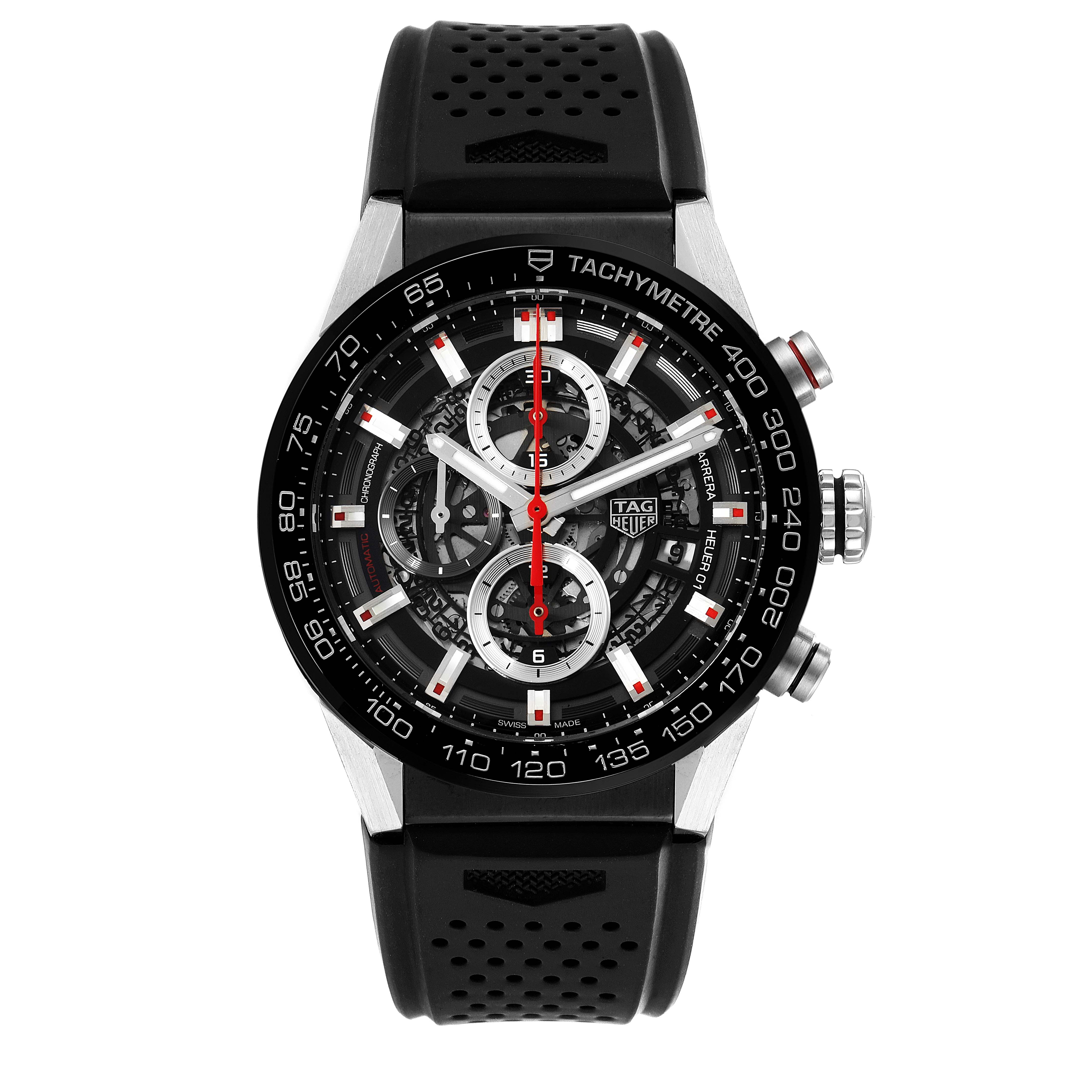 The image shows a frontal view of a Tag Heuer Carrera CAR201V.BA0714 Men
s Stainless Steel Black Dial CAR201V.BA0714 Men
s Stainless Steel Black Dial watch, showcasing its full face, tachymeter, and black strap.