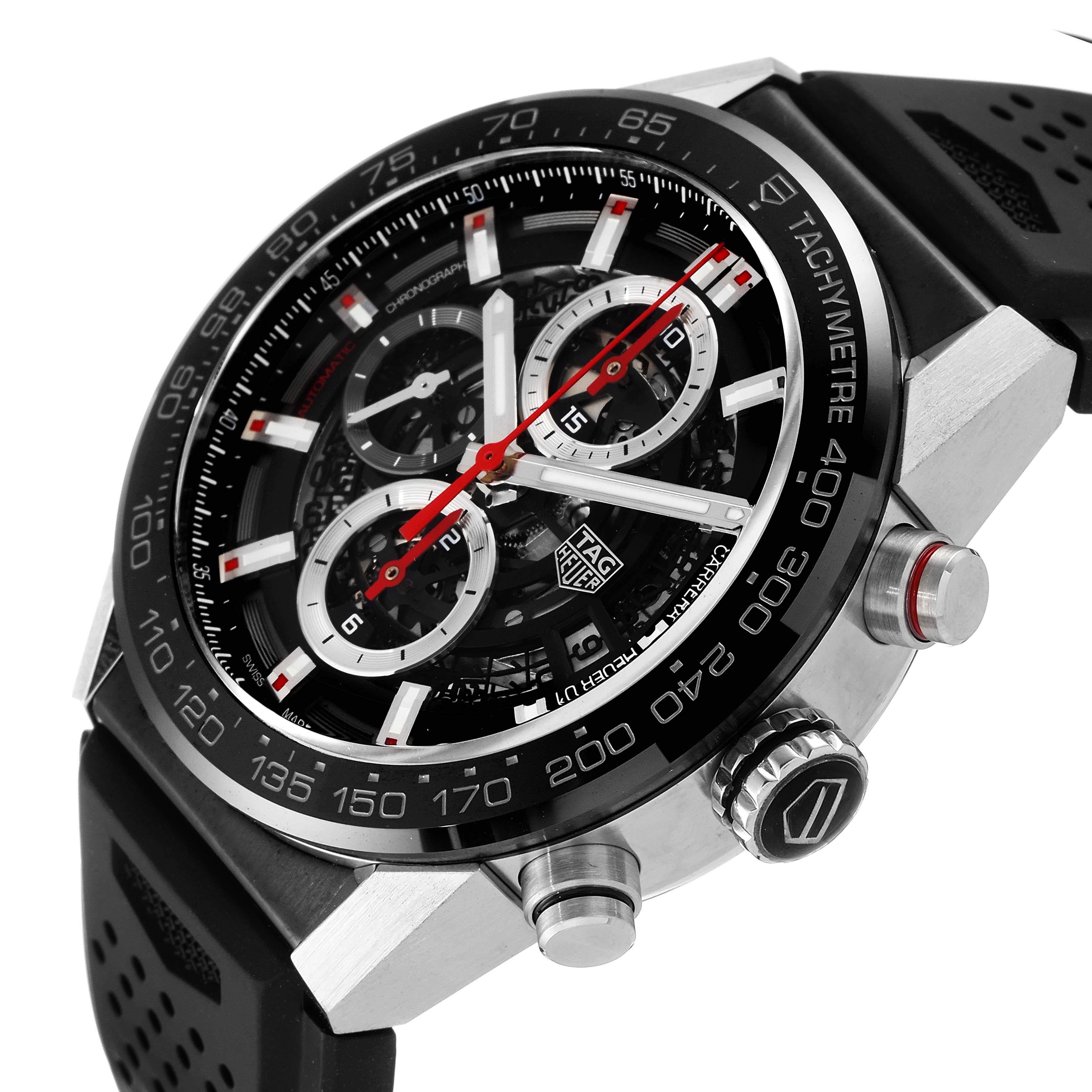 The image shows a close-up angle of the dial and bezel of a Tag Heuer Carrera CAR201V.BA0714 Men
s Stainless Steel Black Dial CAR201V.BA0714 Men
s Stainless Steel Black Dial watch, highlighting its tachymeter and chronograph functions.