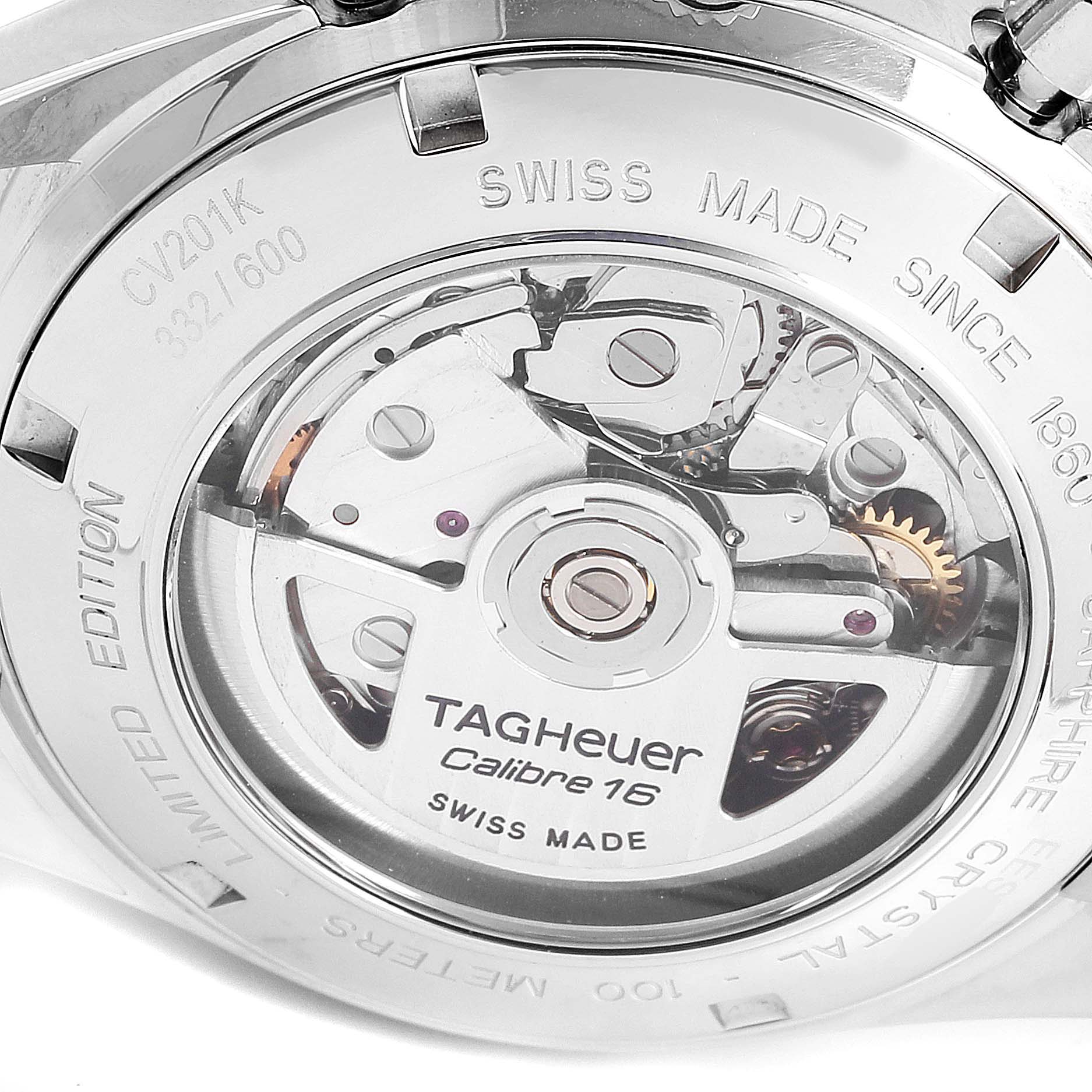 The image shows the back of the Tag Heuer Limited Edition CV201K Men's Stainless Steel Mother of Pearl Dial CV201K Men's Stainless Steel Mother of Pearl Dial watch, focusing on the Calibre 16 movement.