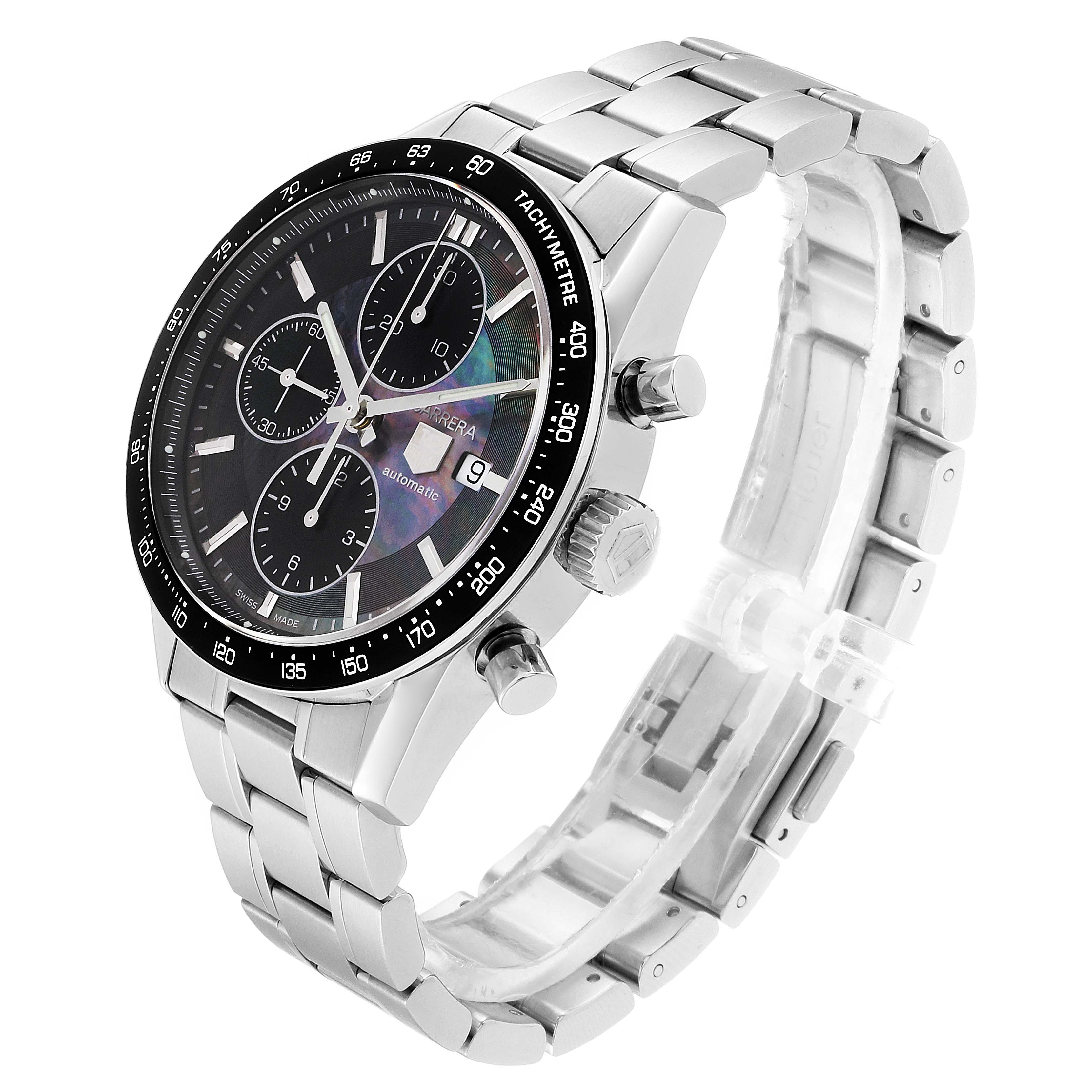 This image shows the right side and face of a Tag Heuer Carrera Limited Edition watch, featuring a metal bracelet and three subdials.