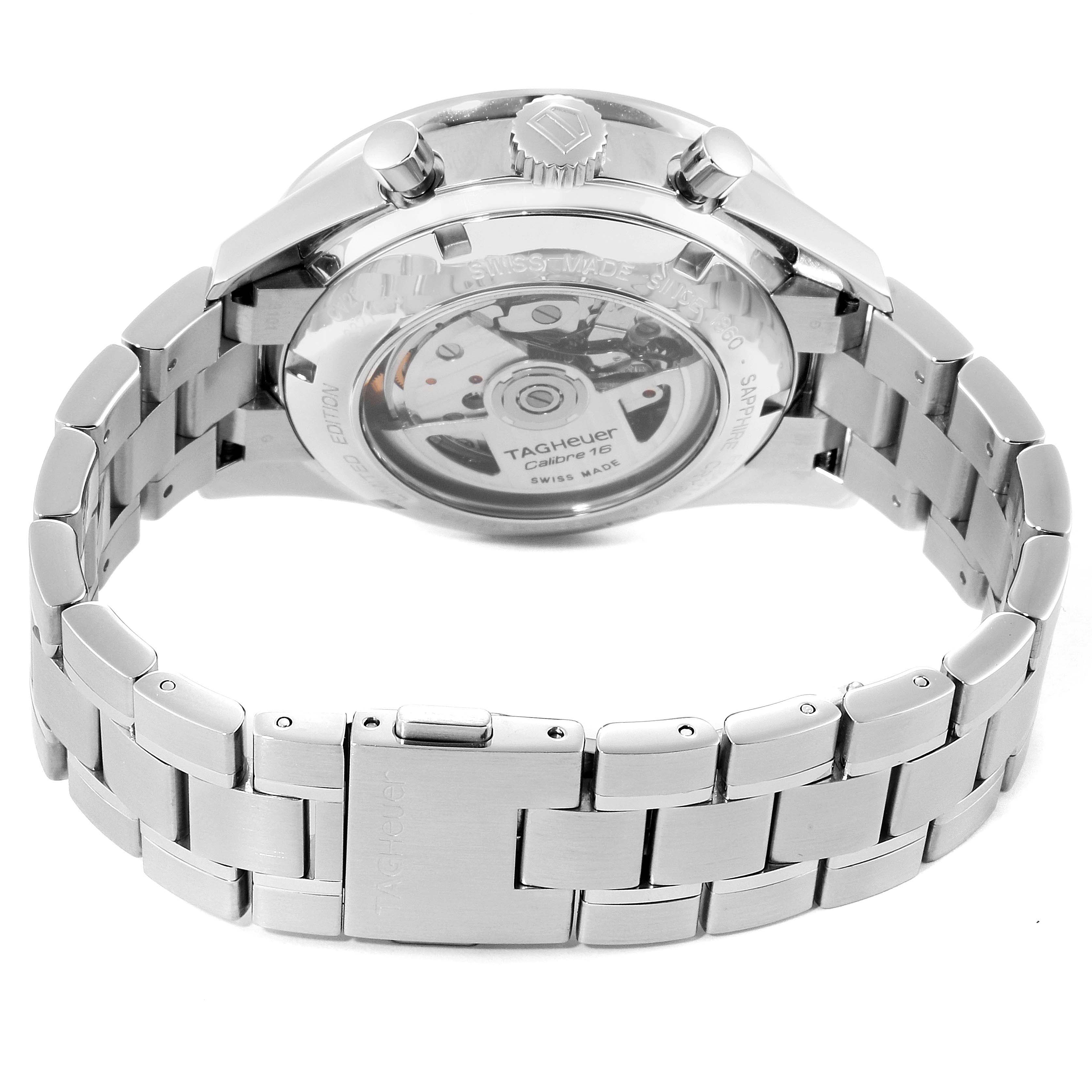 This shows the back view and bracelet of the Tag Heuer Limited Edition CV201K Men's Stainless Steel Mother of Pearl Dial CV201K Men's Stainless Steel Mother of Pearl Dial Calibre 16 watch.