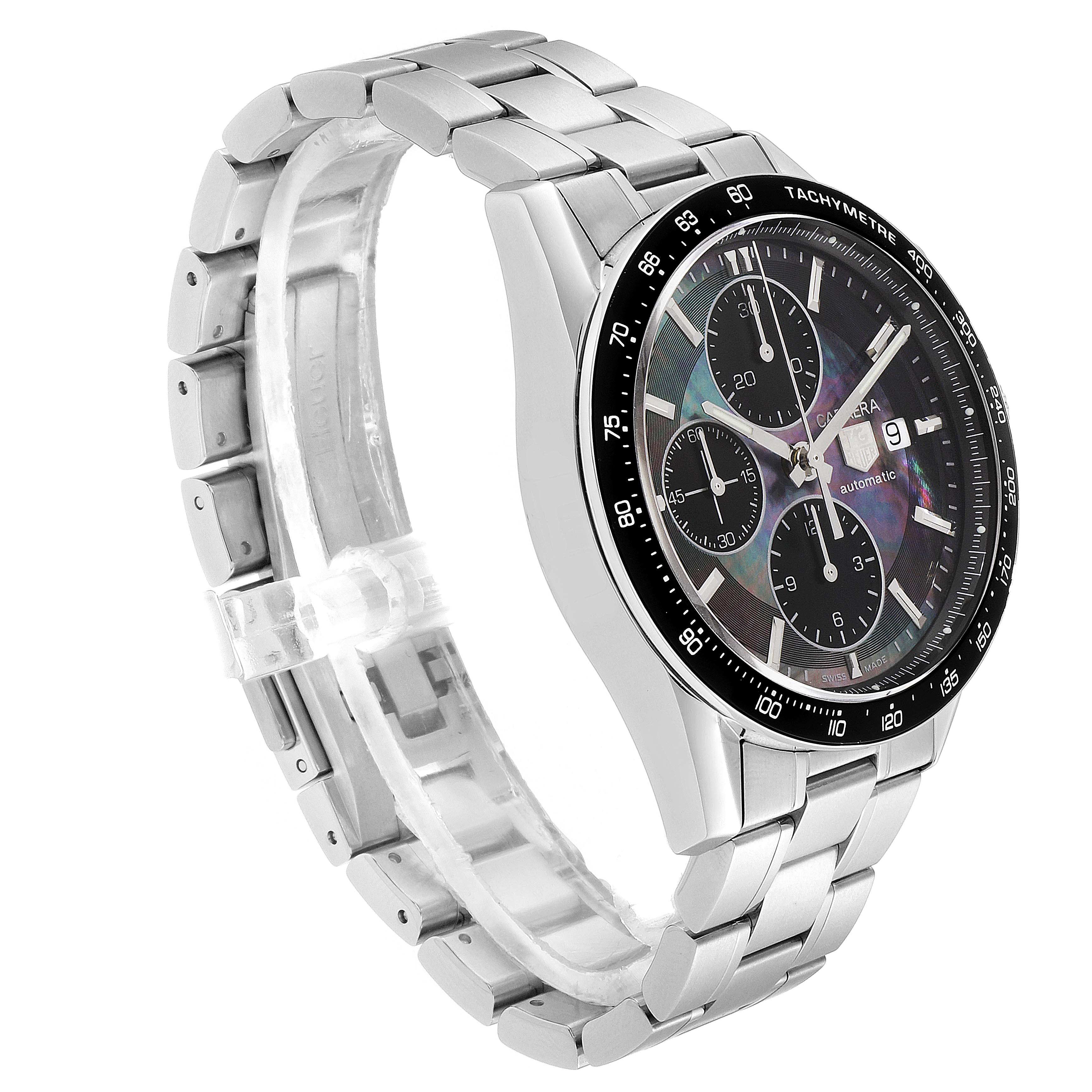 The image shows a Limited Edition Tag Heuer Carrera watch at an angled view, displaying its face, tachymeter bezel, and metal bracelet.