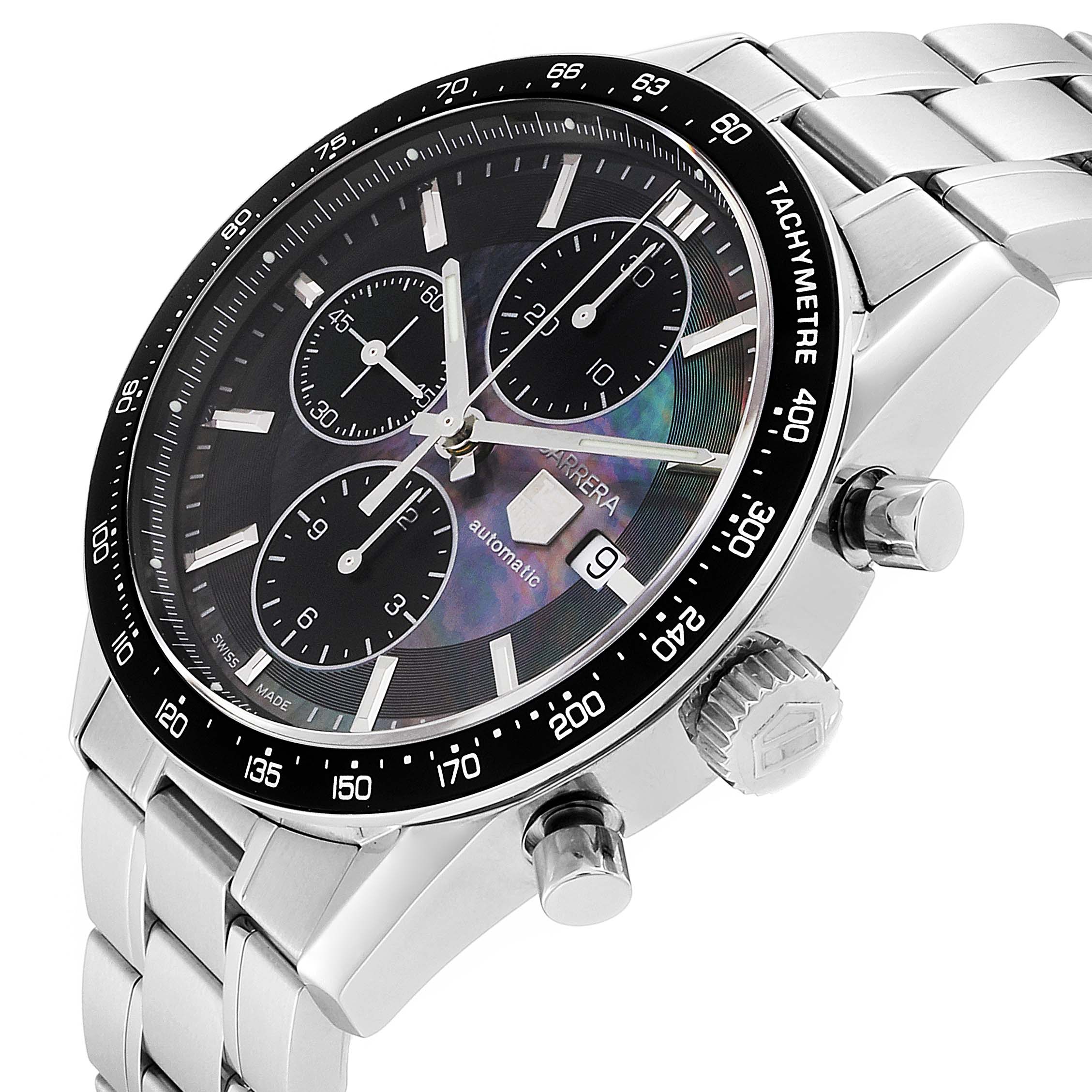 The image shows a close-up of the Tag Heuer Carrera Limited Edition watch, highlighting its face, bezel, crown, and chronograph pushers.