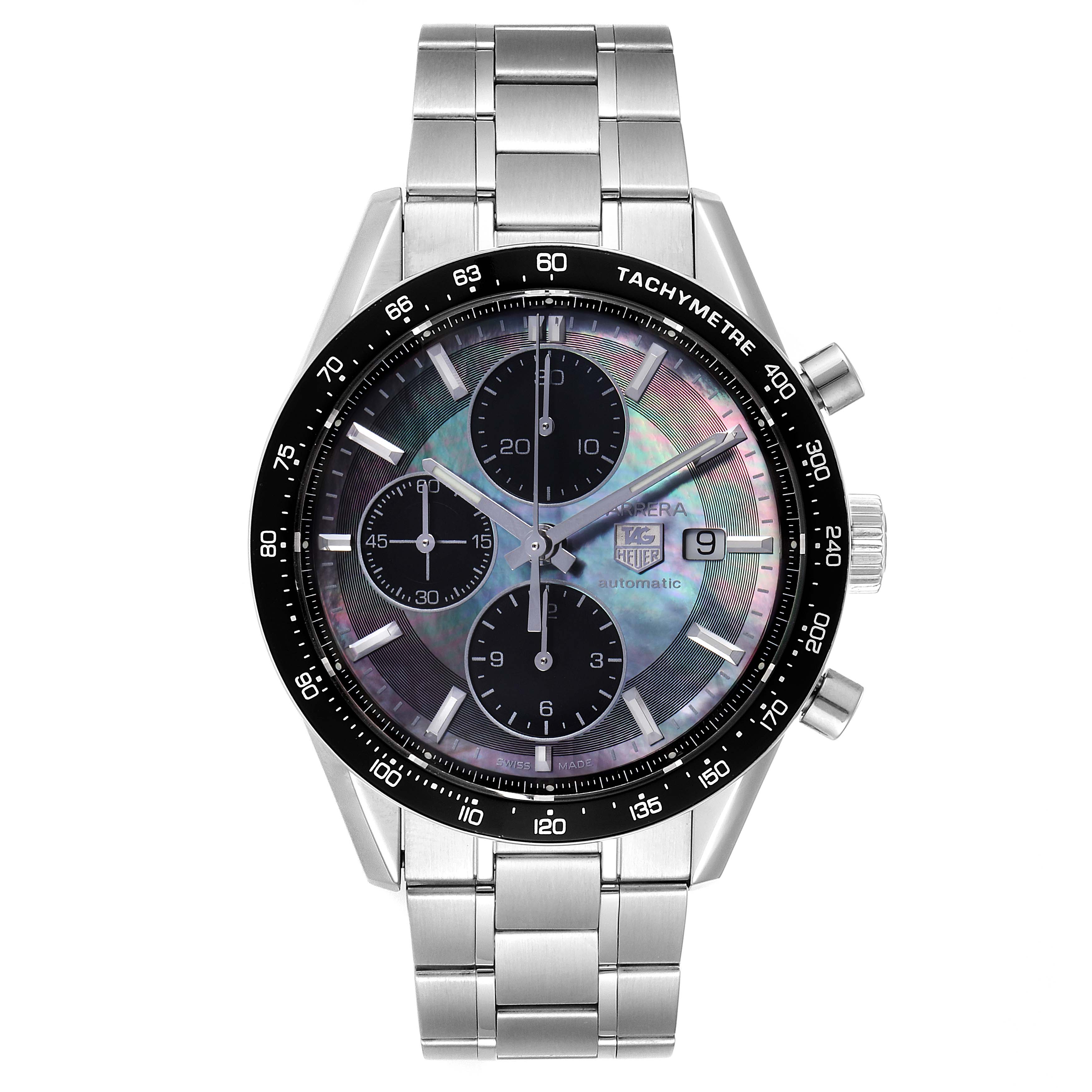 The image shows the front view of the Tag Heuer Carrera Limited Edition watch displaying its face, chronograph subdials, and metal bracelet.