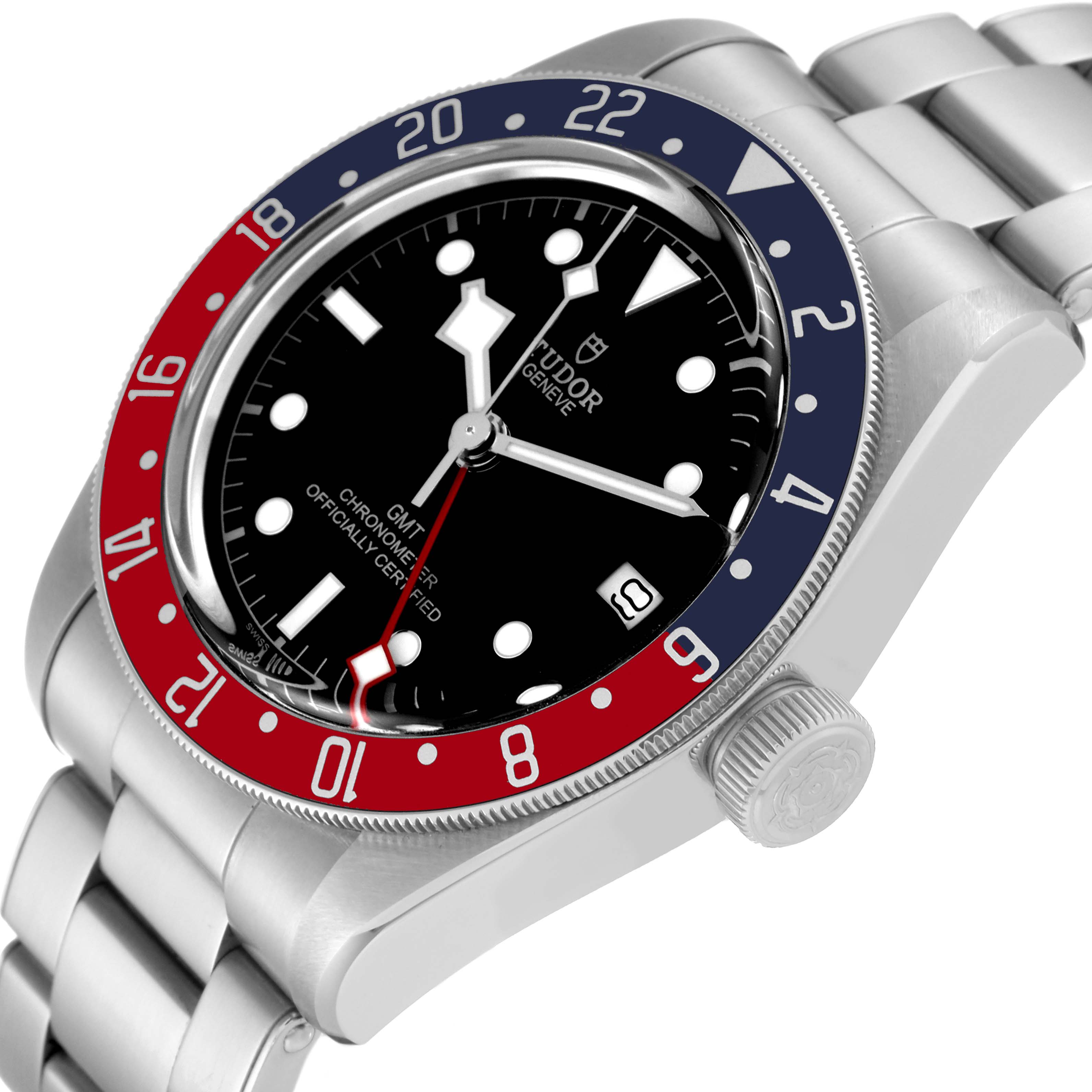The heritage Black Bay model by Tudor is shown from a 3/4 view angle, highlighting its bezel and crown.