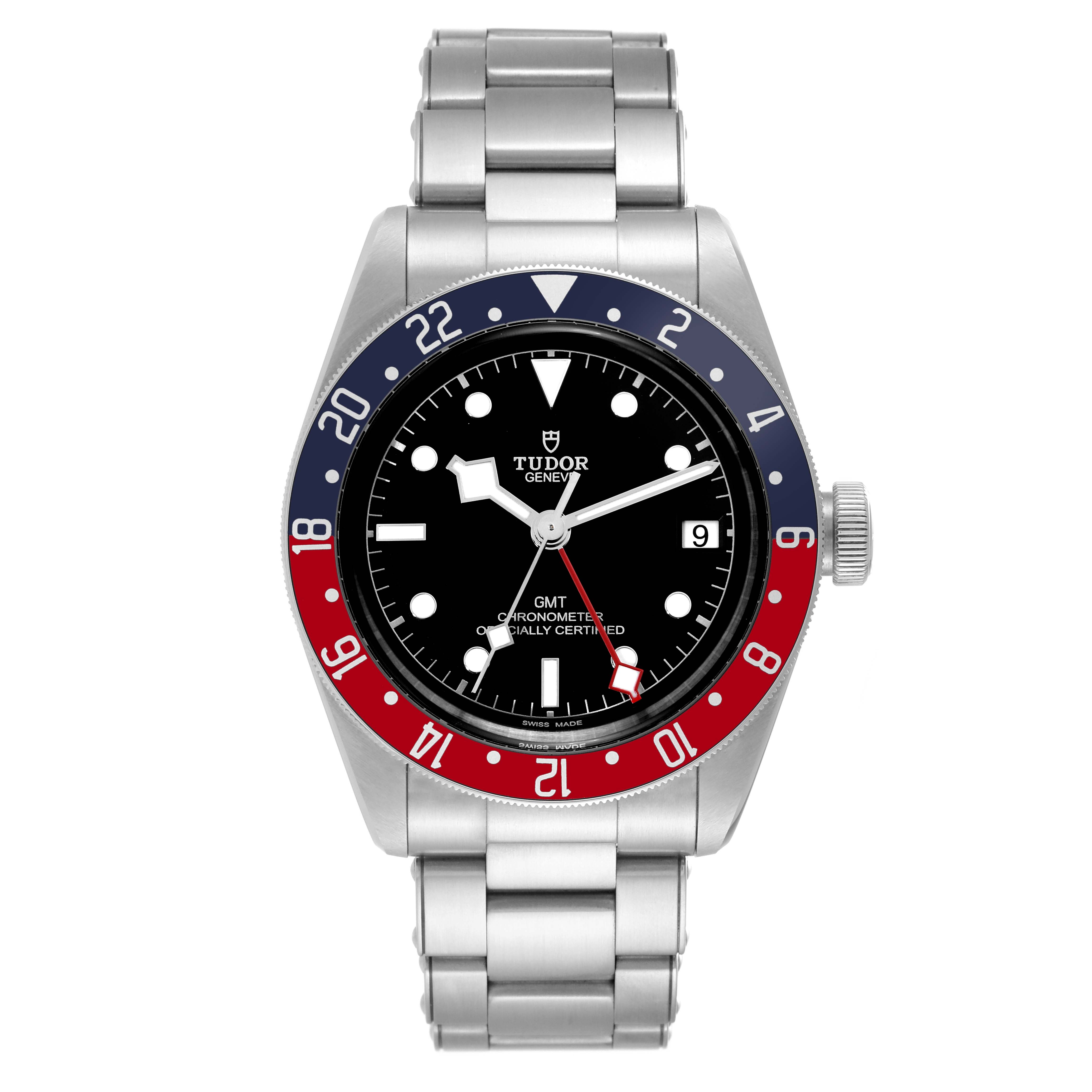 The image shows the Tudor Heritage Black Bay 79830RB Men
s Stainless Steel Black Dial 79830RB Men
s Stainless Steel Black Dial watch from a front angle, highlighting its dial, bezel, and bracelet.