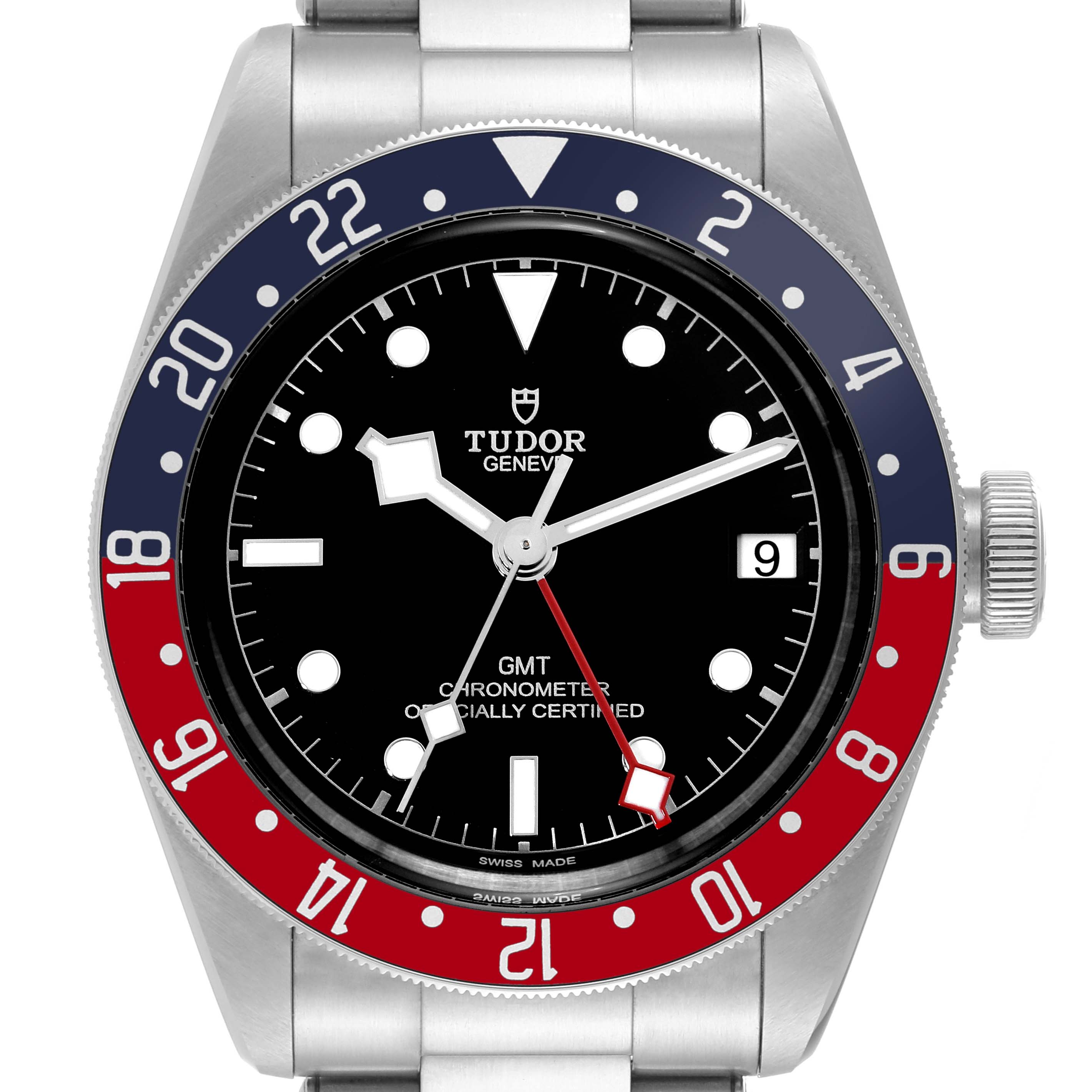 The image shows a front view of the Tudor Heritage Black Bay 79830RB Men
s Stainless Steel Black Dial 79830RB Men
s Stainless Steel Black Dial watch, highlighting its dial, bezel, crown, and bracelet.