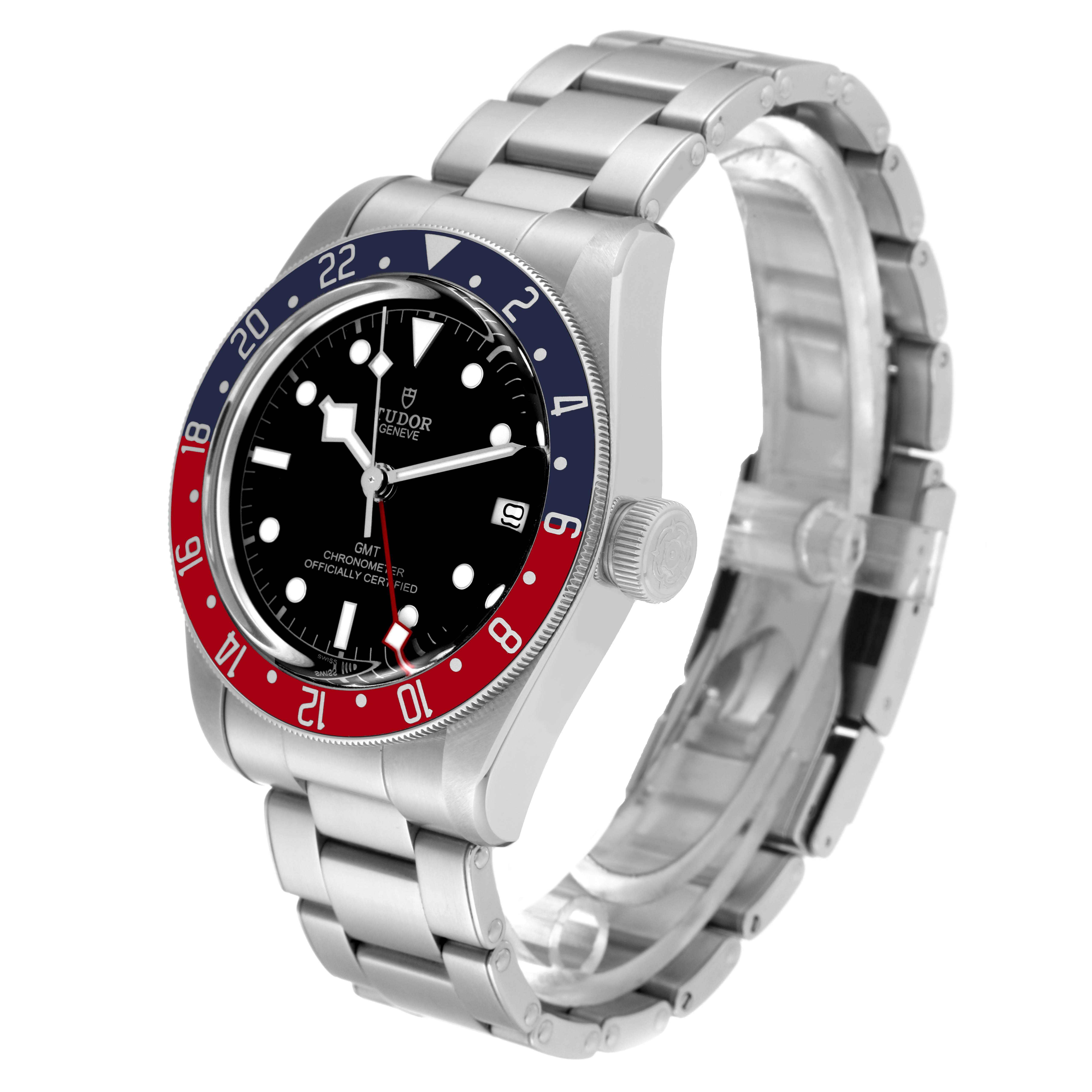 The Tudor Heritage Black Bay 79830RB Men
s Stainless Steel Black Dial 79830RB Men
s Stainless Steel Black Dial watch is shown at a three-quarter angle, displaying its bezel, dial, and bracelet.