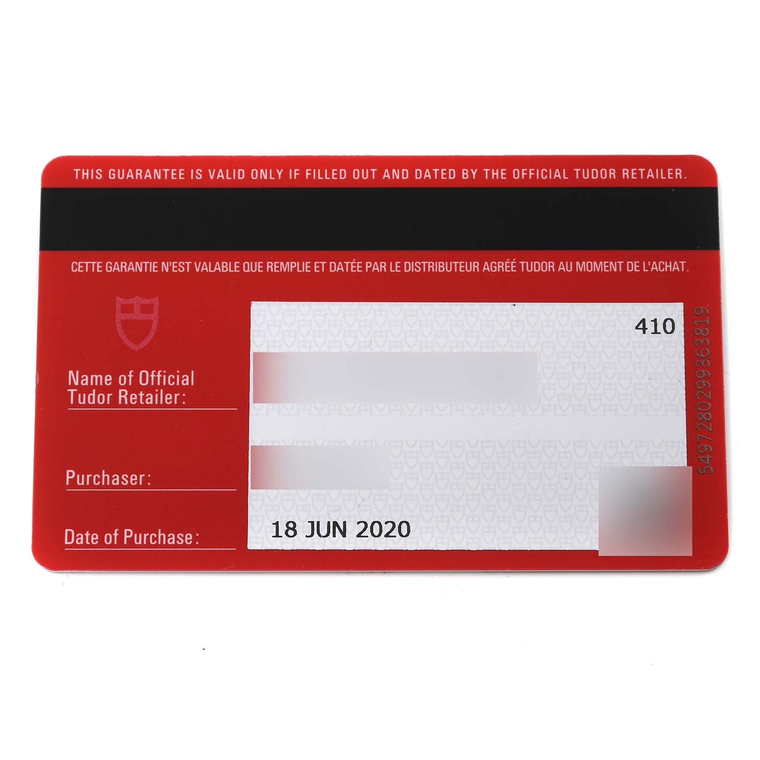 The image shows the warranty card for a Tudor Heritage Black Bay 79830RB Men
s Stainless Steel Black Dial 79830RB Men
s Stainless Steel Black Dial watch.