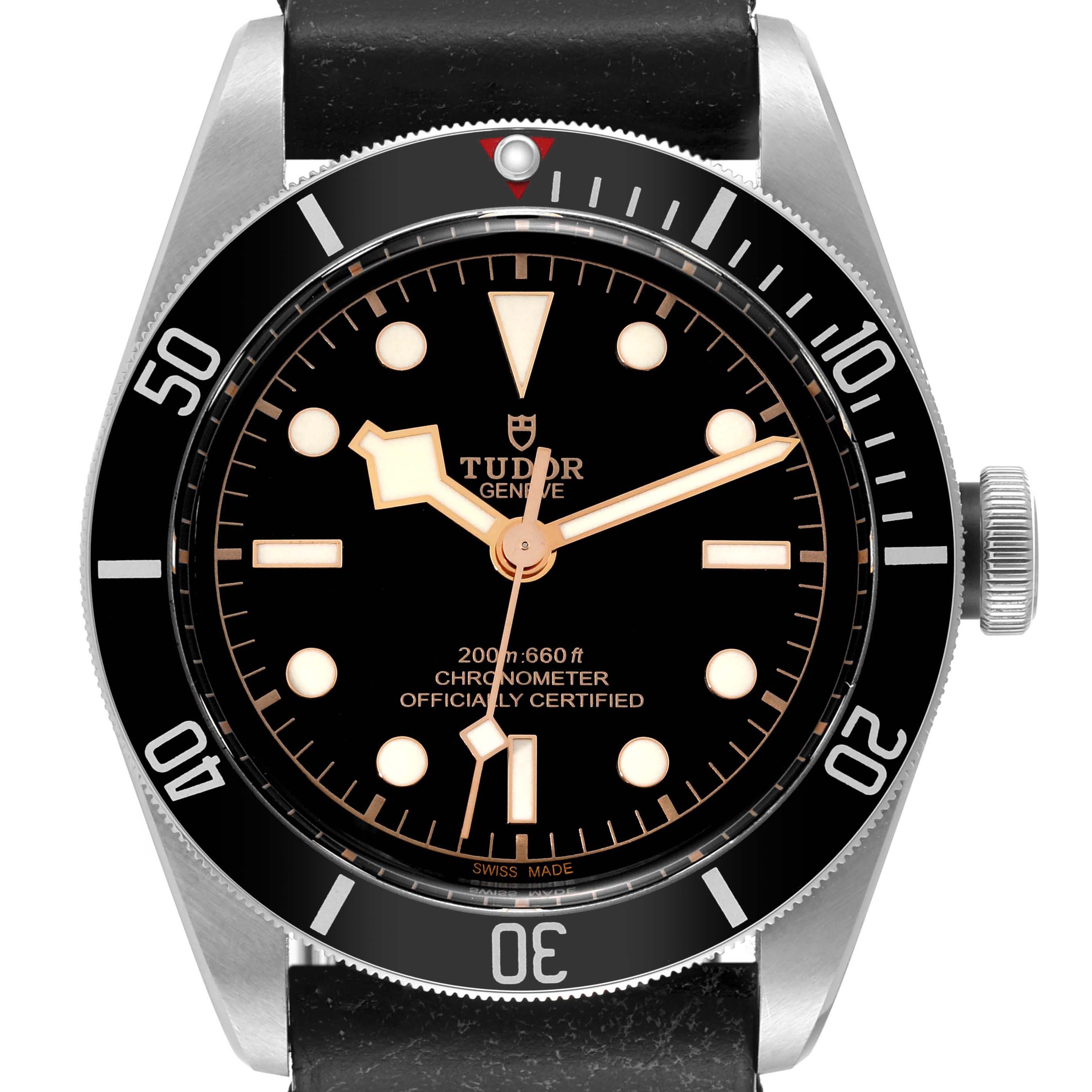 This Tudor Heritage Black Bay 79230 Men's Stainless Steel Black Dial 79230 Men's Stainless Steel Black Dial watch is shown from a front angle, displaying the watch face, bezel, and crown.