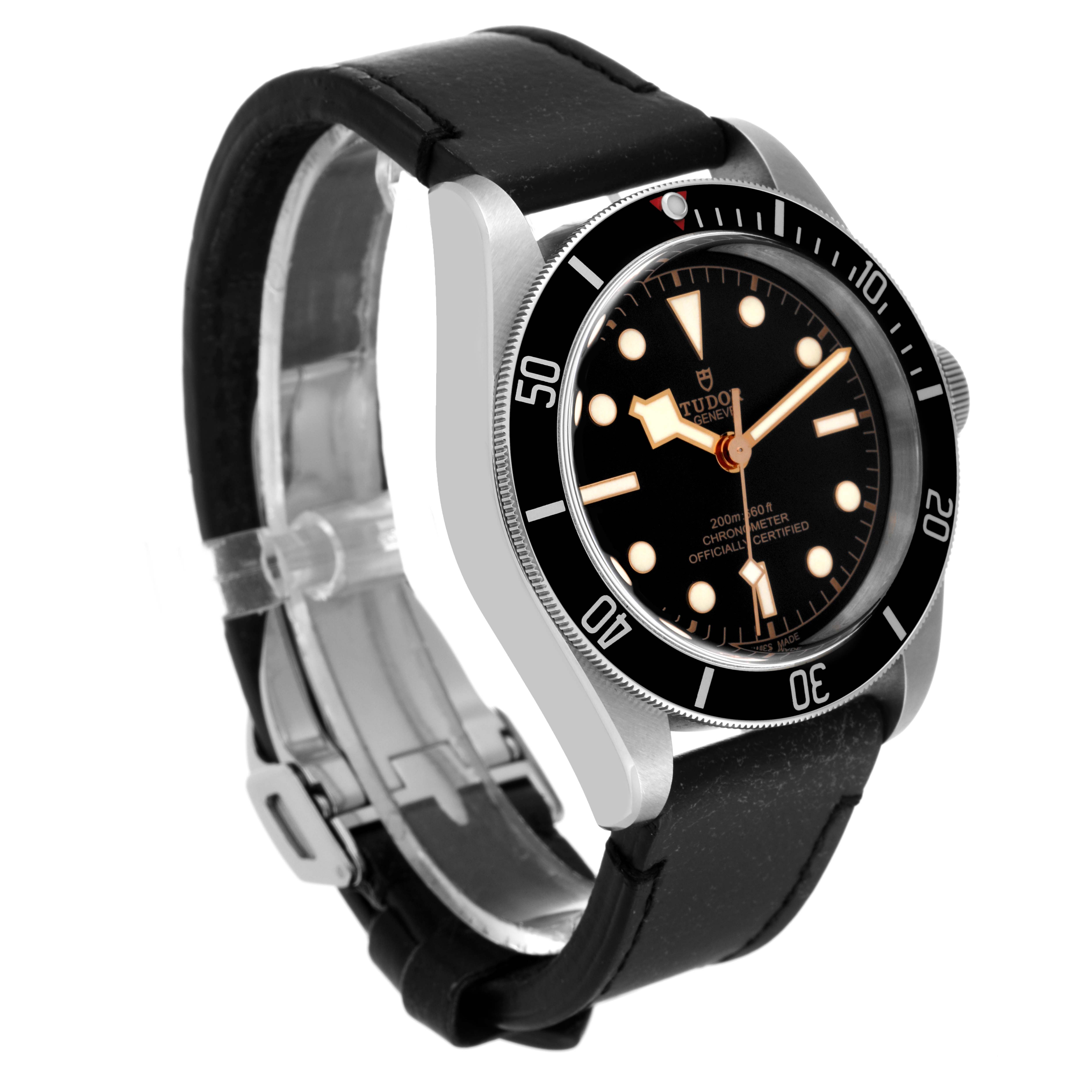 The image shows the Tudor Heritage Black Bay 79230 Men's Stainless Steel Black Dial 79230 Men's Stainless Steel Black Dial watch from an angled side view highlighting its dial, bezel, and strap.