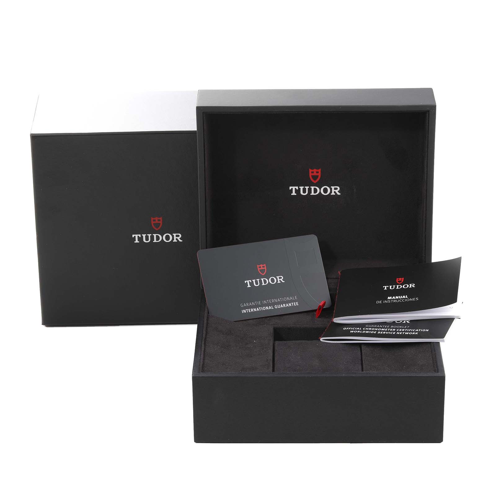 The image shows the Tudor Heritage Black Bay 79230 Men's Stainless Steel Black Dial 79230 Men's Stainless Steel Black Dial watch box, manuals, and international guarantee card.