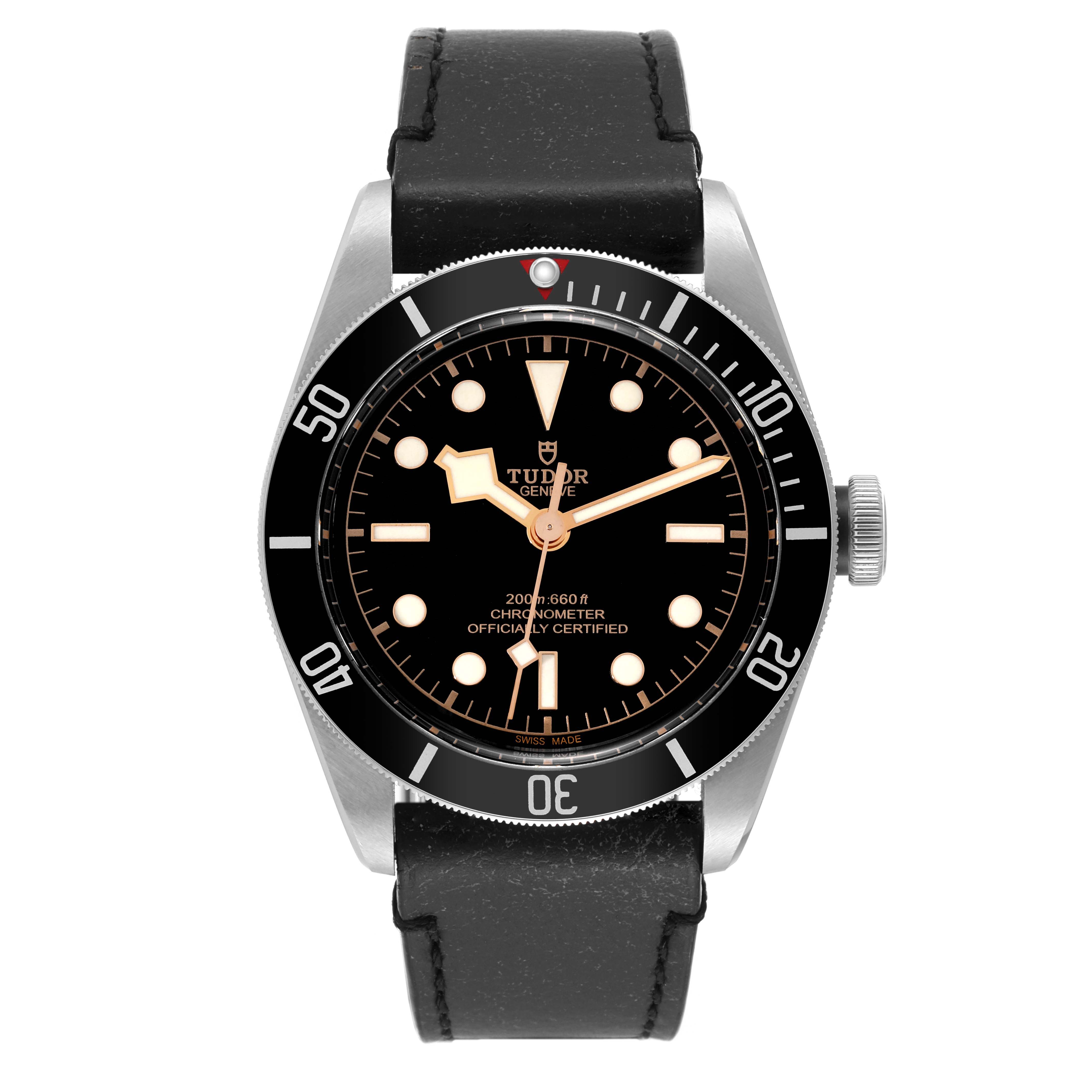 The image shows a front view of the Tudor Heritage Black Bay 79230 Men's Stainless Steel Black Dial 79230 Men's Stainless Steel Black Dial watch, highlighting its black dial, bezel, and leather strap.