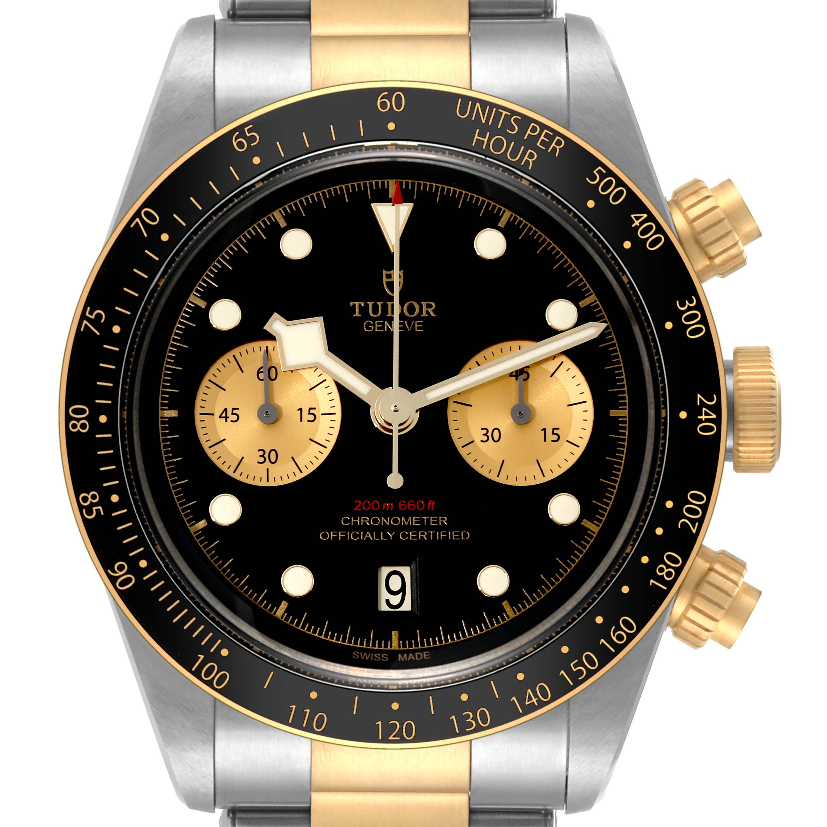 The image shows a frontal view of the Tudor Heritage Black Bay 79363N Men
s Steel and Gold (two tone) Black Dial 79363N Men
s Steel and Gold (two tone) Black Dial watch, highlighting its dial, hands, bezel, and chronograph subdials.
