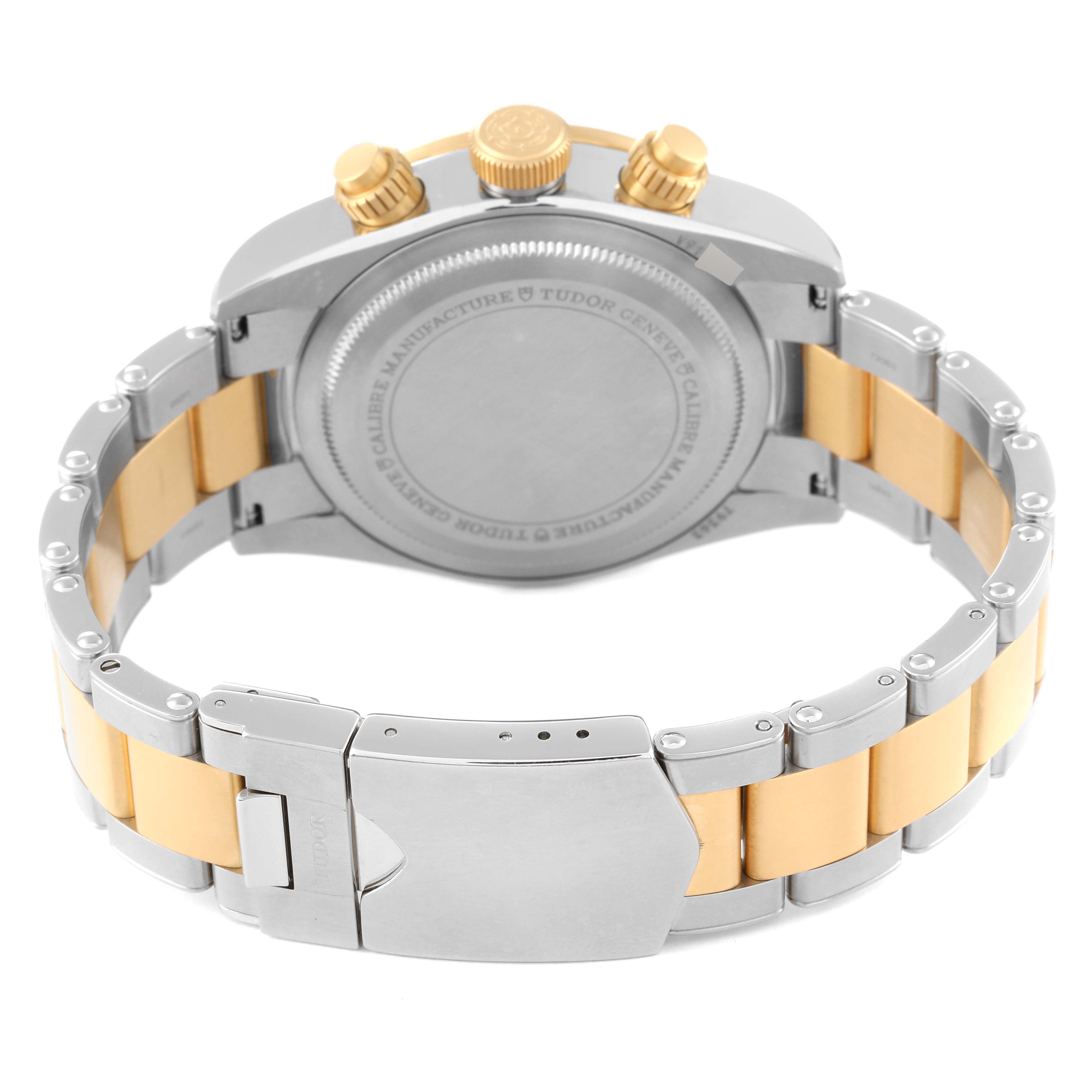 This image shows the back case and bracelet of a Tudor Heritage Black Bay 79363N Men
s Steel and Gold (two tone) Black Dial 79363N Men
s Steel and Gold (two tone) Black Dial watch from a rear angle.