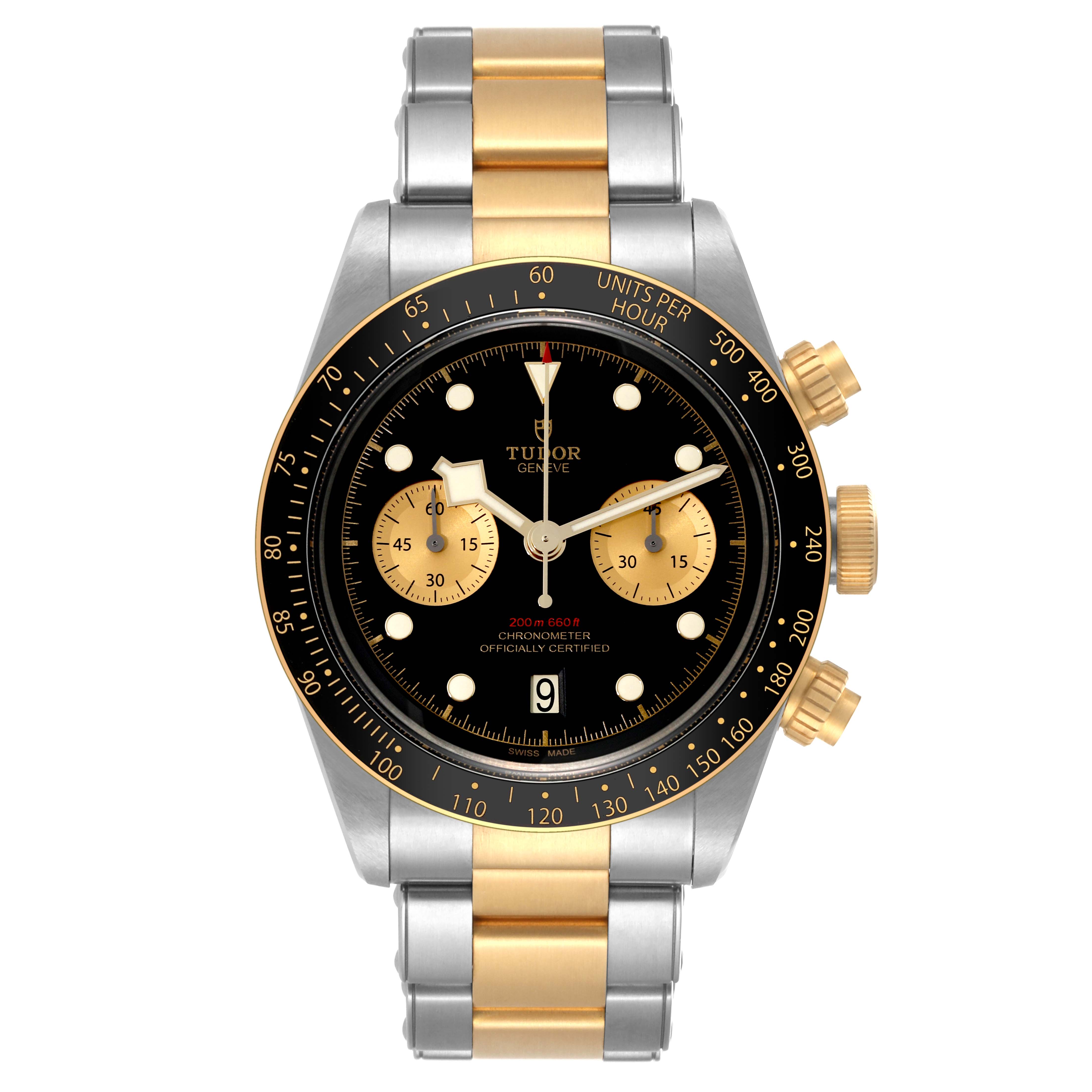 The image shows a front view of the Tudor Heritage Black Bay 79363N Men
s Steel and Gold (two tone) Black Dial 79363N Men
s Steel and Gold (two tone) Black Dial watch, displaying its dial, bezel, and two-tone bracelet.