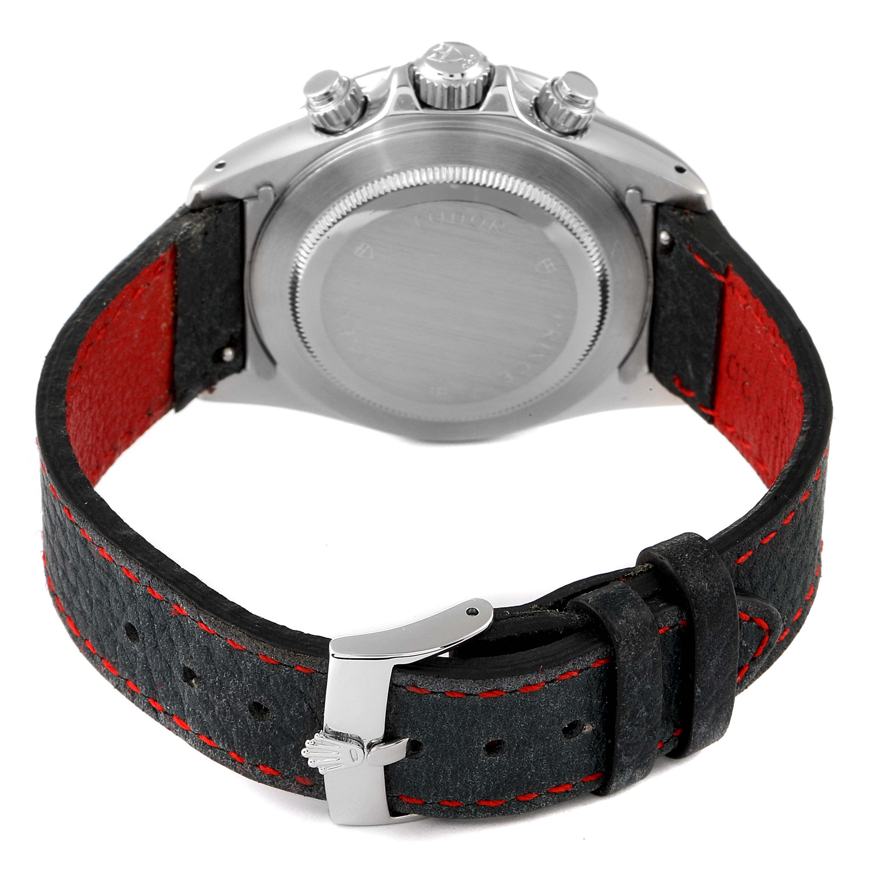 The image shows the back view of a Tudor Prince model watch, highlighting its caseback, crown, and buckle on the leather strap.