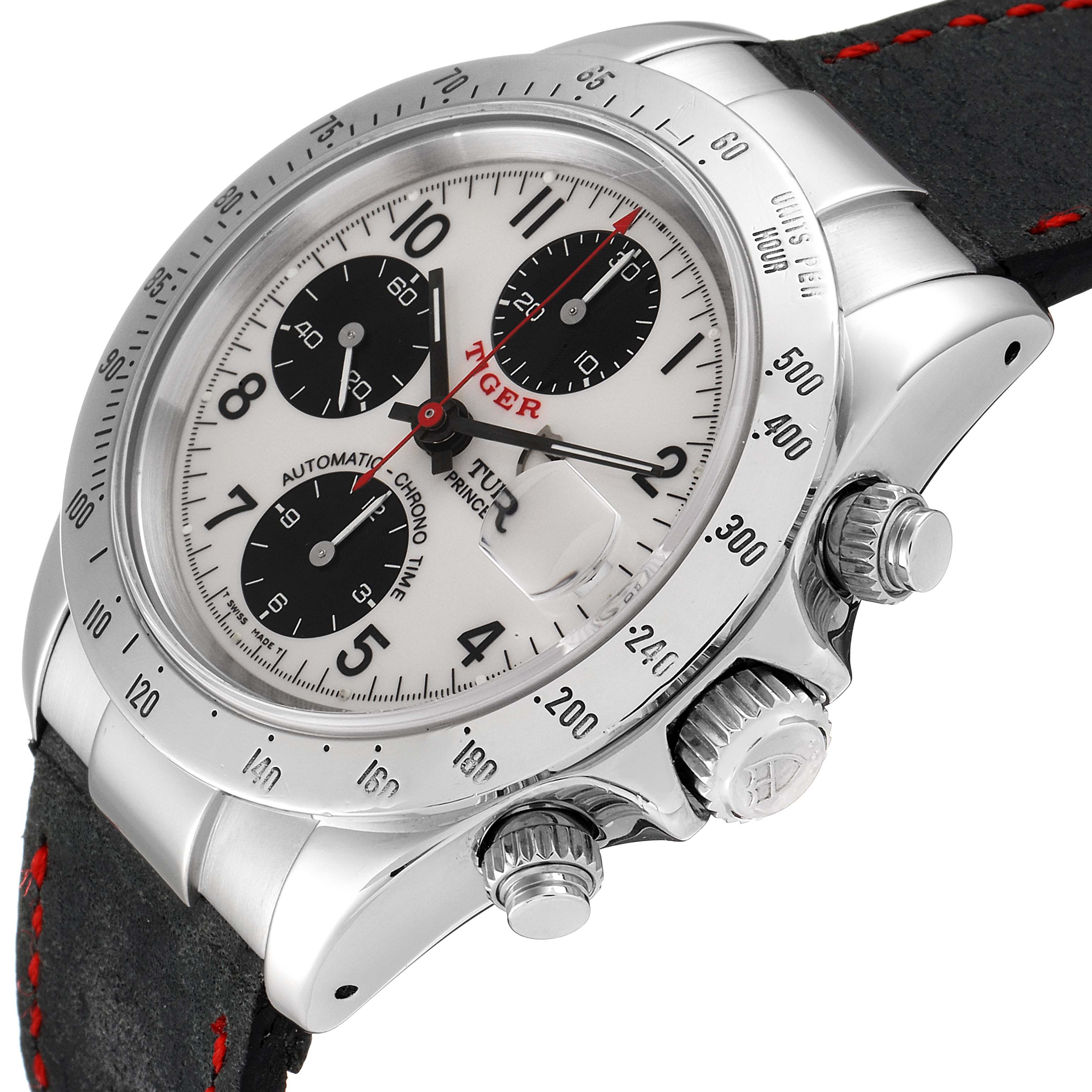 This image shows the Tudor Prince model watch angled to display the dial, bezel, pushers, and crown.