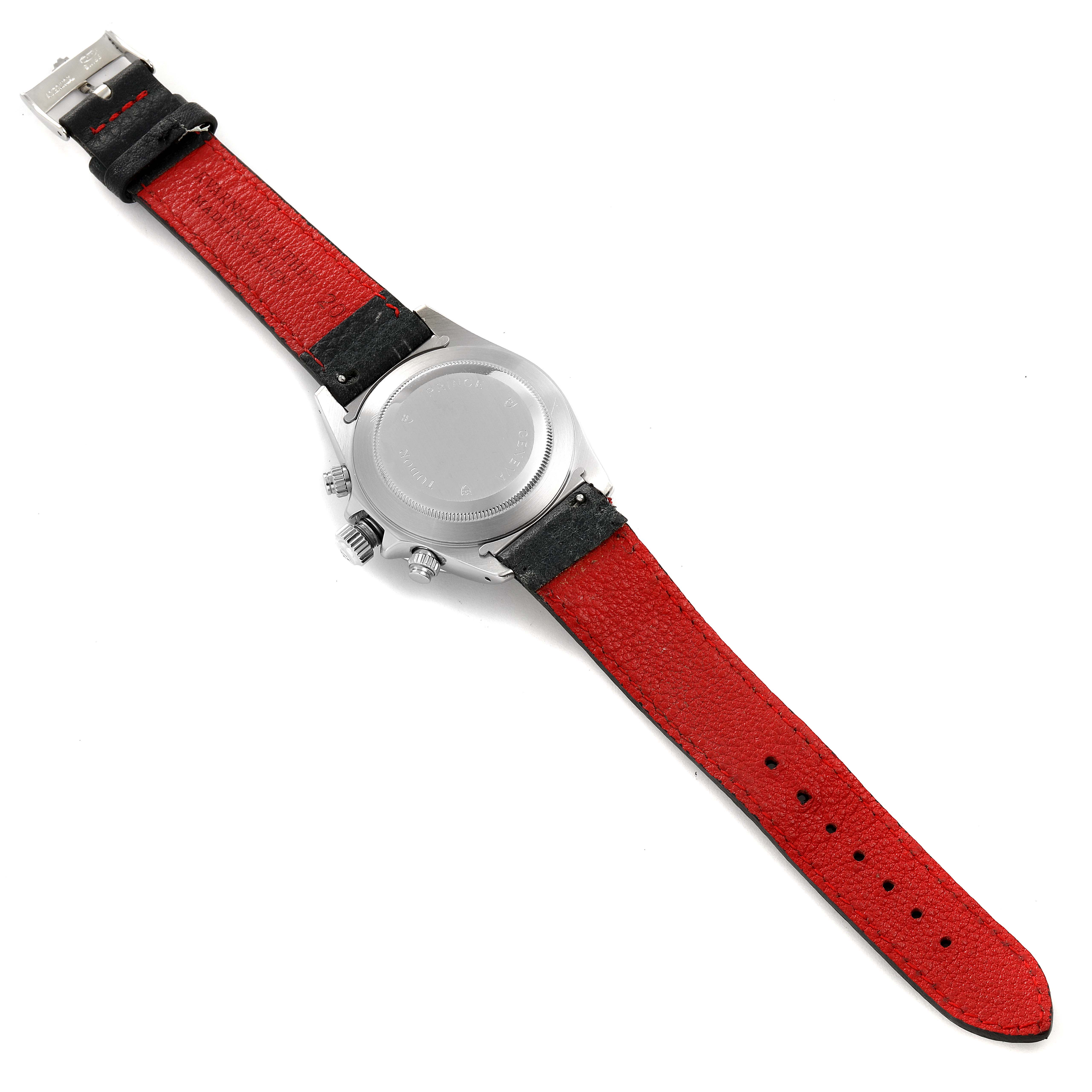 The image shows the underside of a Tudor Prince watch, highlighting the red and black leather strap and the back cover of the case.