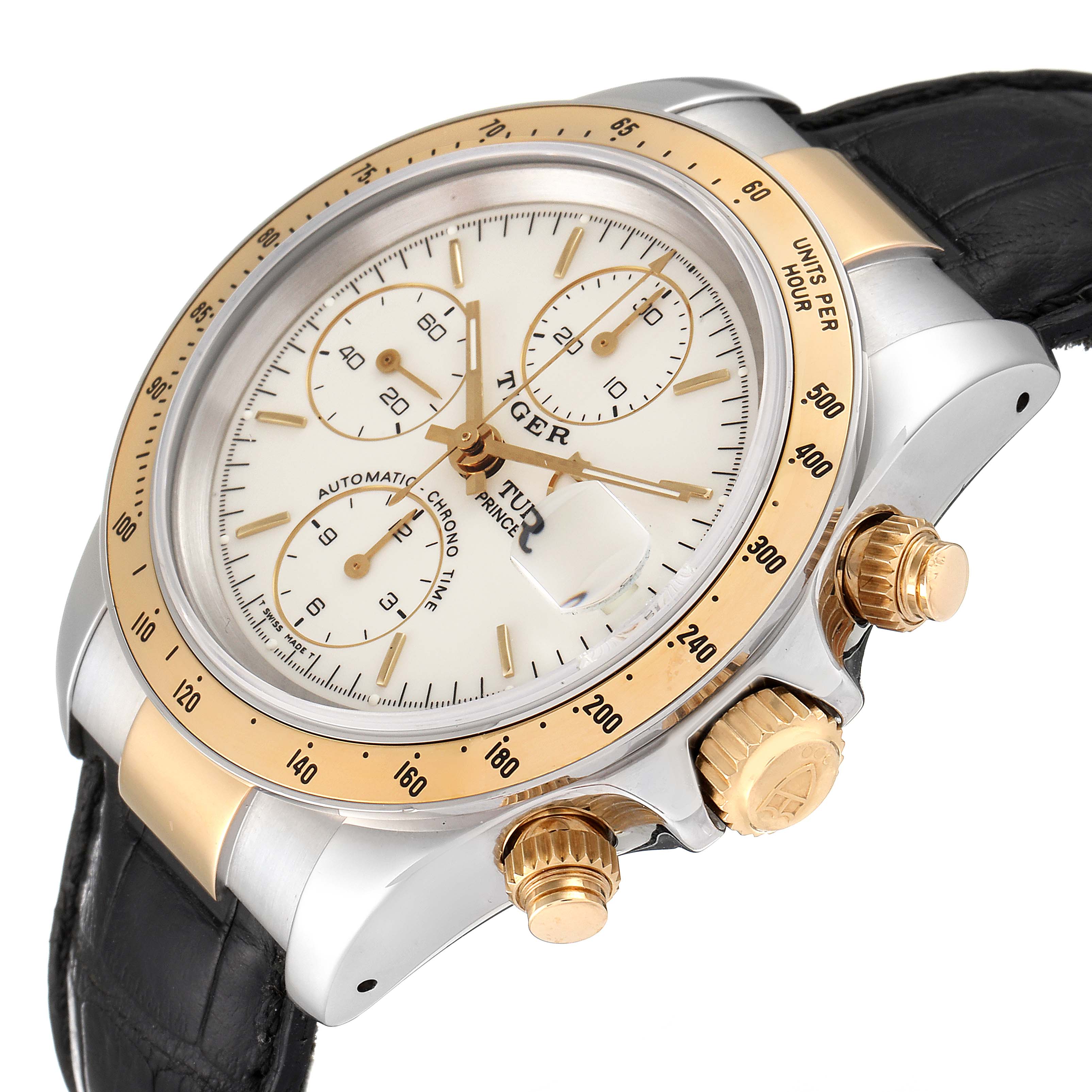 The Tudor Tiger 79263 Men's Steel and Gold (two tone) White Dial 79263 Men's Steel and Gold (two tone) White Dial model watch is shown at an angle highlighting its face, side buttons, bezel, and leather strap.