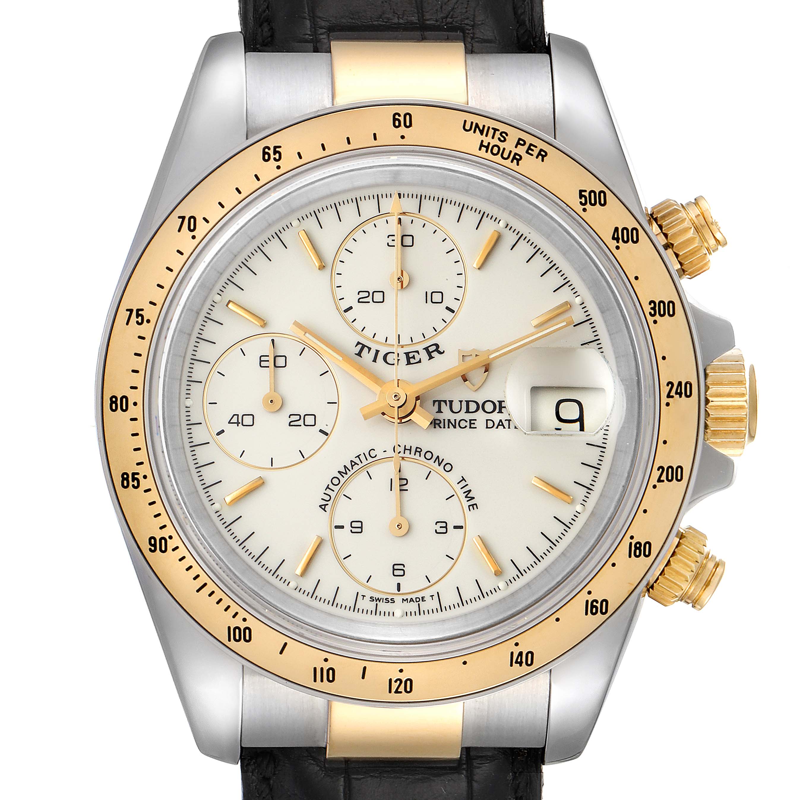 The image shows a frontal view of the Tudor Tiger 79263 Men's Steel and Gold (two tone) White Dial 79263 Men's Steel and Gold (two tone) White Dial model watch, highlighting its dials, bezel, crown, and pushers.