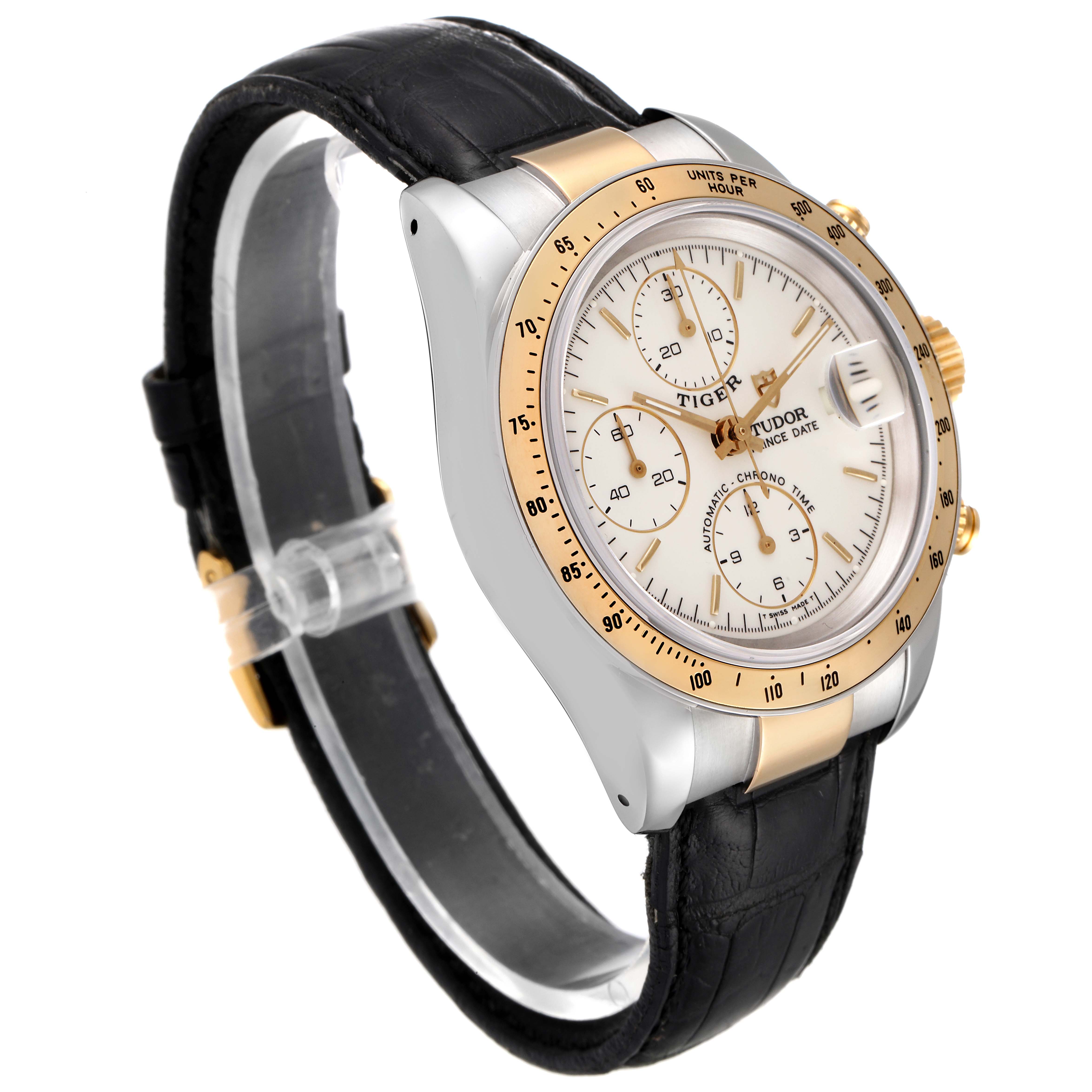 The image shows a side view of the Tudor Tiger 79263 Men's Steel and Gold (two tone) White Dial 79263 Men's Steel and Gold (two tone) White Dial model watch, highlighting its black leather strap, bezel, and dial with subdials.