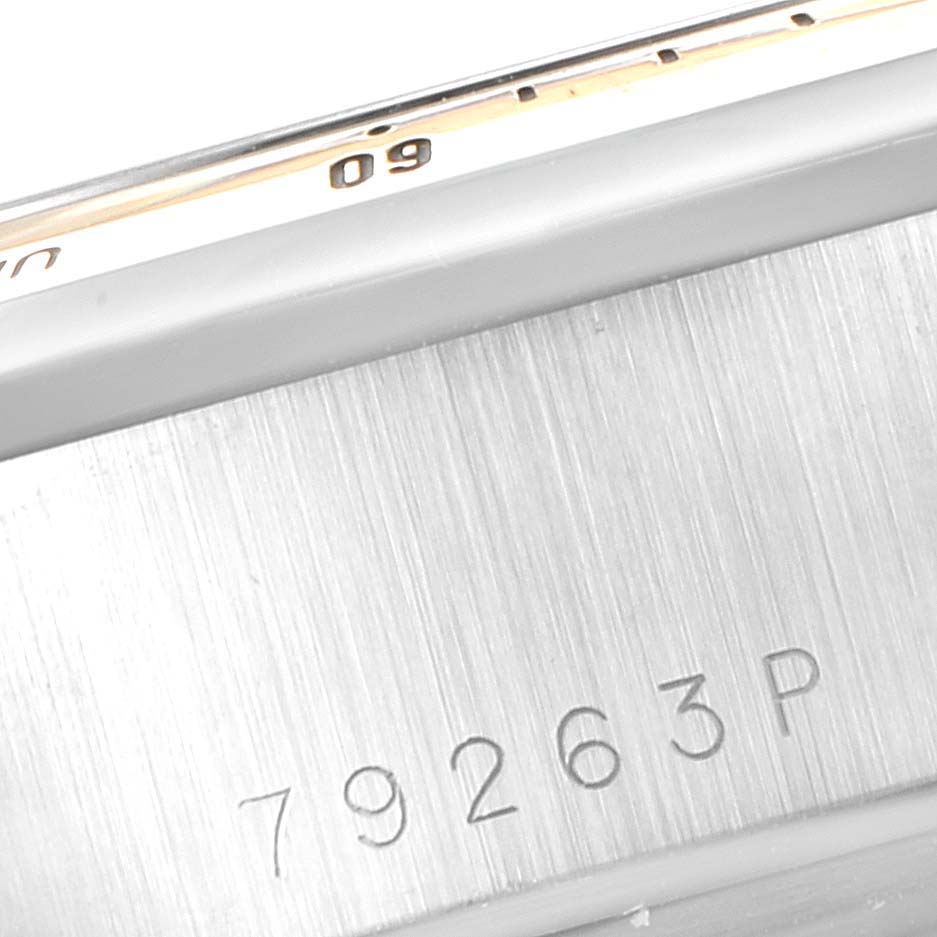 This close-up image shows the case side and serial number (79263P) of the Tudor Tiger 79263 Men's Steel and Gold (two tone) White Dial 79263 Men's Steel and Gold (two tone) White Dial model watch.