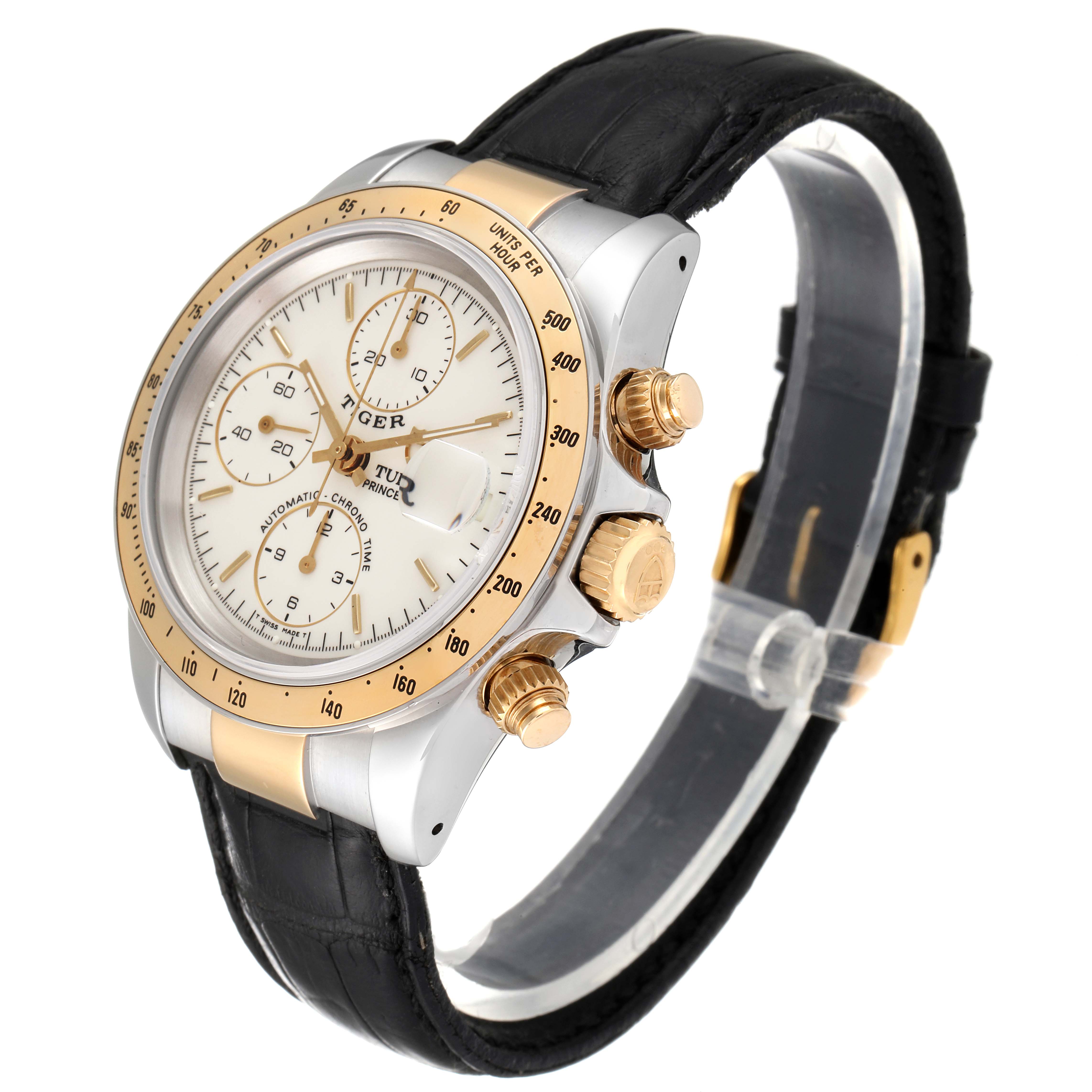 The Tudor Tiger 79263 Men's Steel and Gold (two tone) White Dial 79263 Men's Steel and Gold (two tone) White Dial model watch is shown at an angle emphasizing the dial, bezel, crown, and strap.