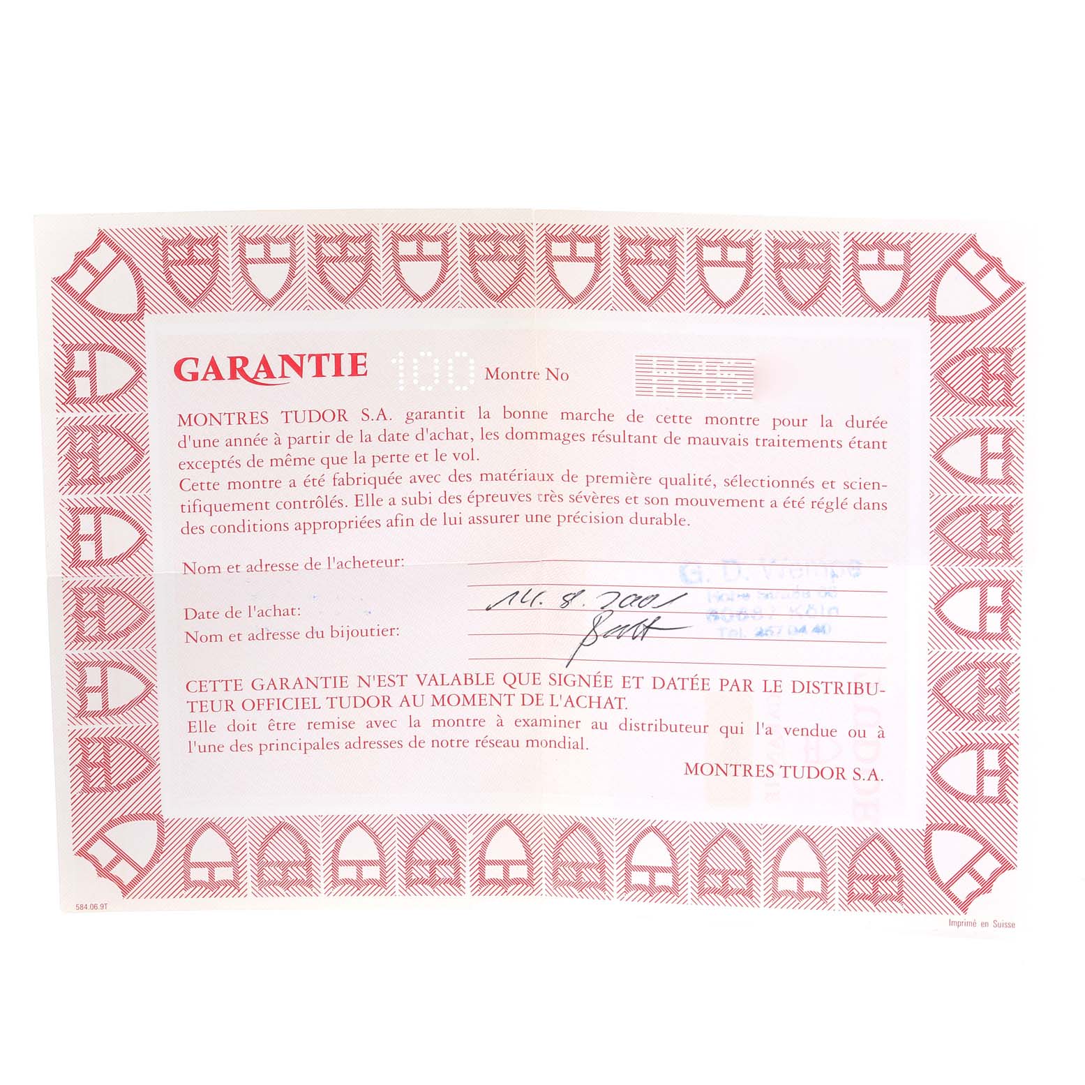 This image shows a warranty certificate for a Tudor Tiger 79263 Men's Steel and Gold (two tone) White Dial 79263 Men's Steel and Gold (two tone) White Dial model watch, featuring details of the purchase and signature.