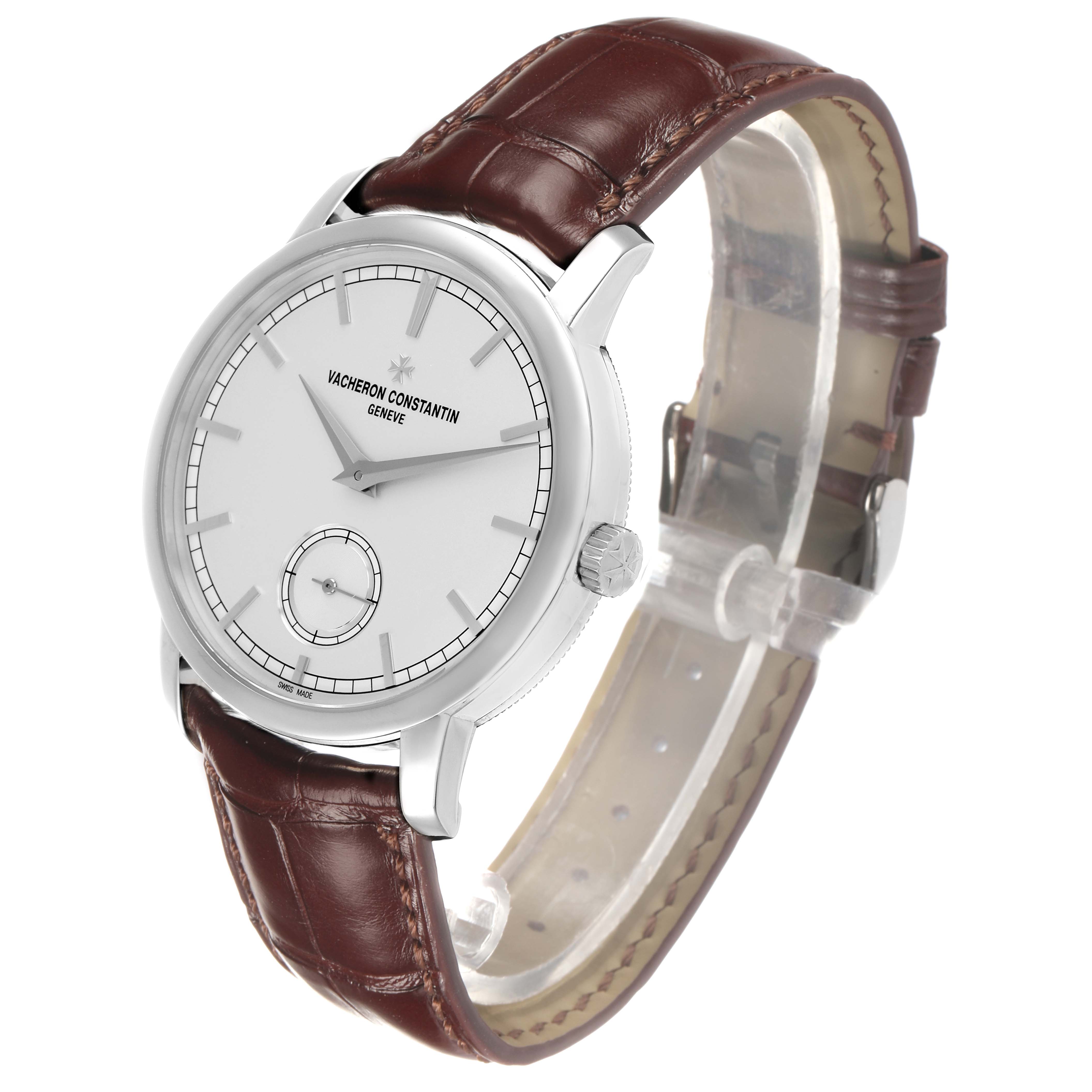 The image shows a Vacheron Constantin Traditionnelle 82172G Men's White Gold Silver Dial watch at a three-quarter angle, highlighting the face, crown, and leather strap.
