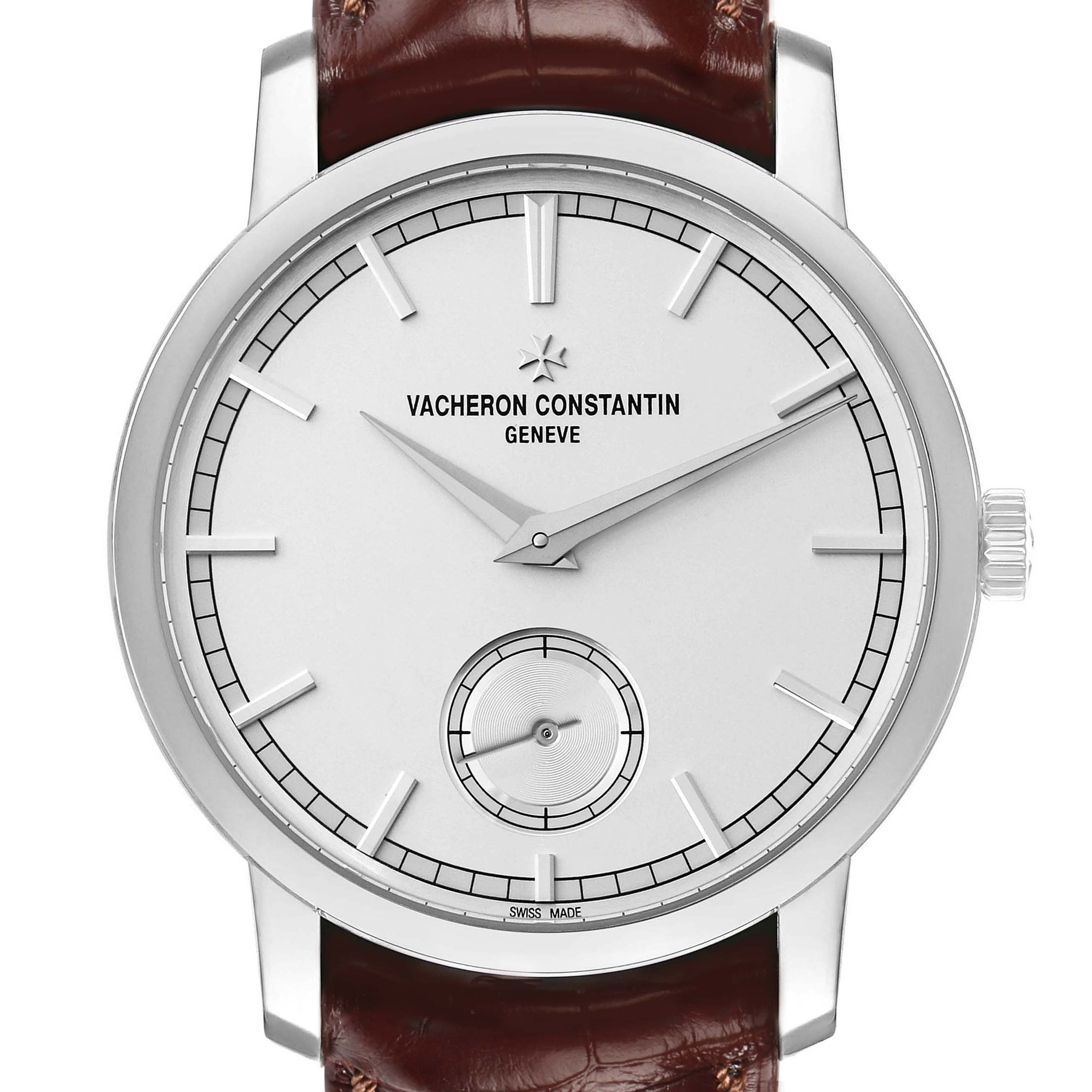The Vacheron Constantin Traditionnelle 82172G Men's White Gold Silver Dial watch is shown from the front, displaying the dial, hands, markers, and part of the strap.