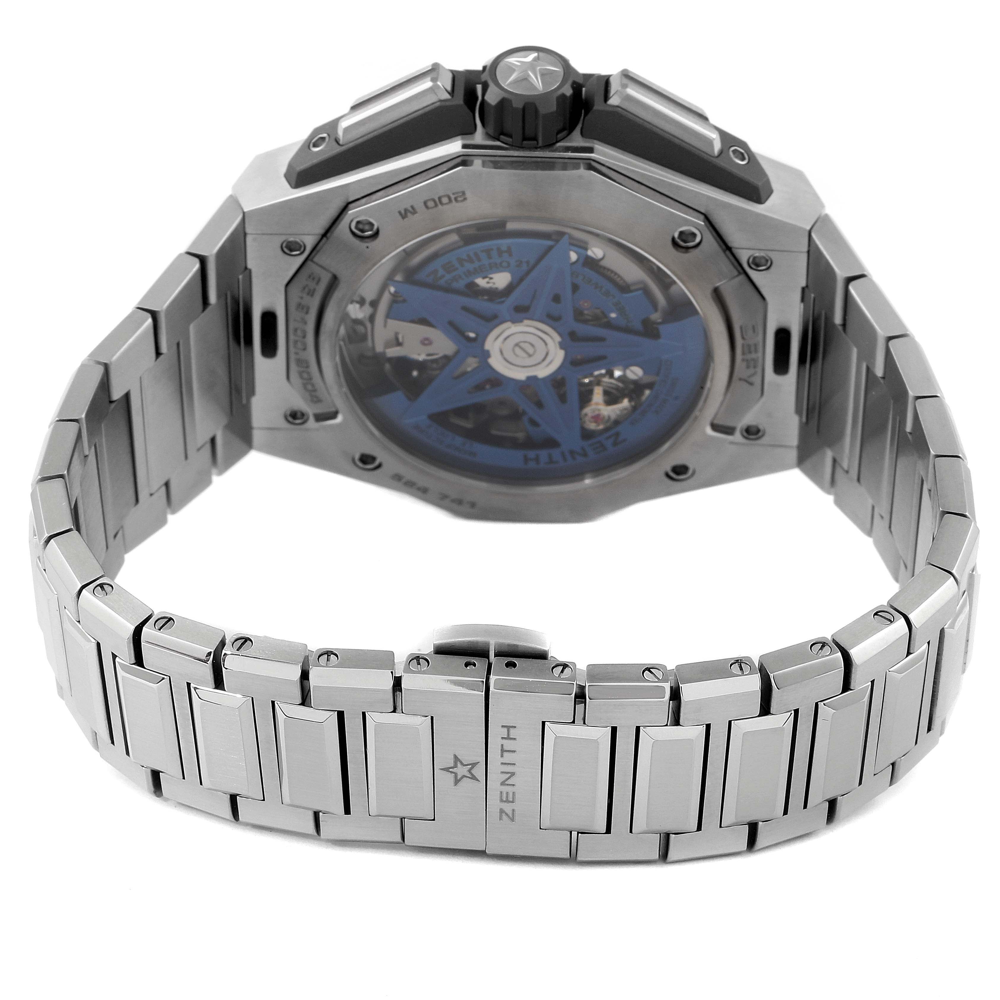 This image shows the back view of a Zenith Defy 95.9100.9004/01.I001 Men's Titanium Blue Dial 95.9100.9004/01.I001 Men's Titanium Blue Dial watch, highlighting the transparent case back and metal bracelet.