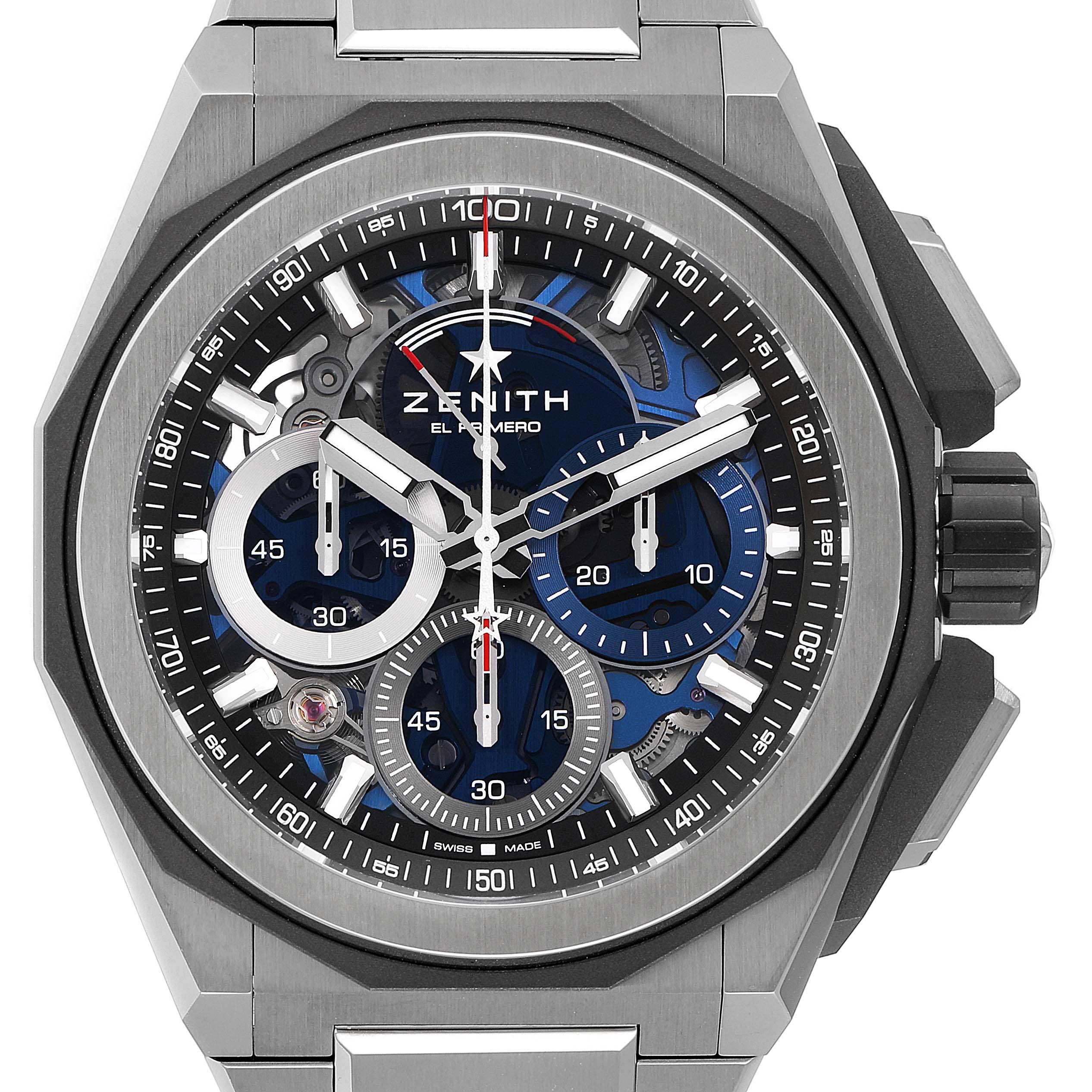 The image shows a close-up of the Zenith Defy 95.9100.9004/01.I001 Men's Titanium Blue Dial 95.9100.9004/01.I001 Men's Titanium Blue Dial El Primero watch face, highlighting its subdials and intricate details.