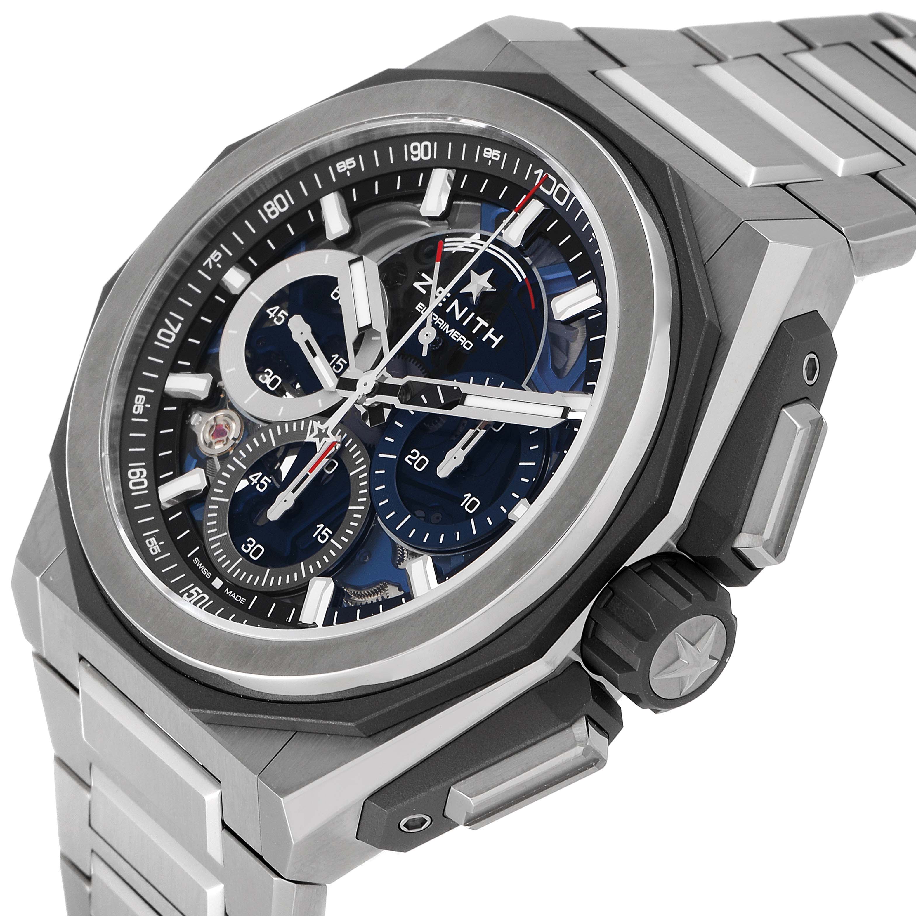 The image shows a Zenith Defy 95.9100.9004/01.I001 Men's Titanium Blue Dial 95.9100.9004/01.I001 Men's Titanium Blue Dial watch angled to display its face, bezel, crown, and part of the metal bracelet.
