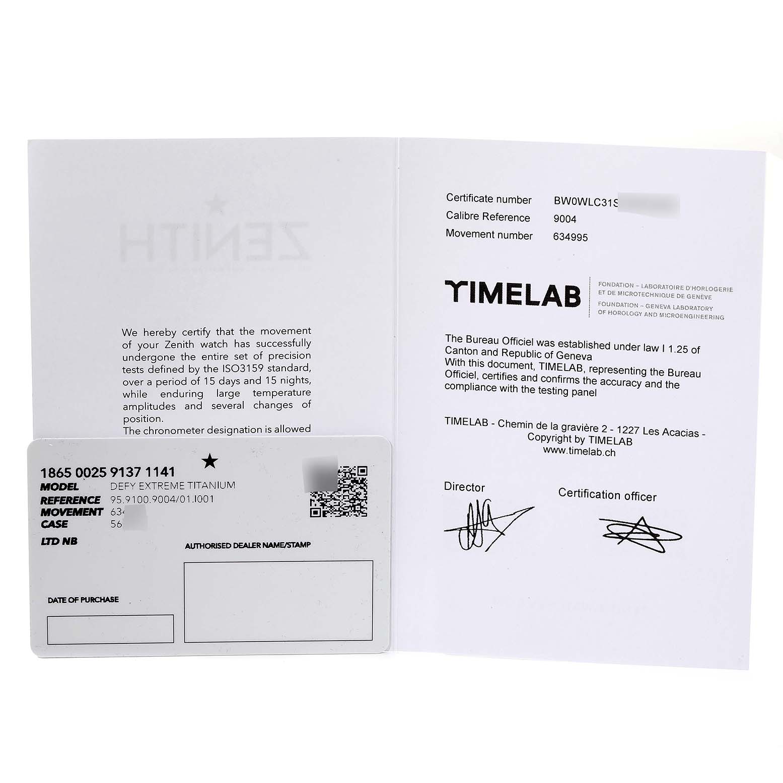 The image shows the certification and warranty card for the Zenith Defy 95.9100.9004/01.I001 Men's Titanium Blue Dial 95.9100.9004/01.I001 Men's Titanium Blue Dial Extreme Titanium watch model.