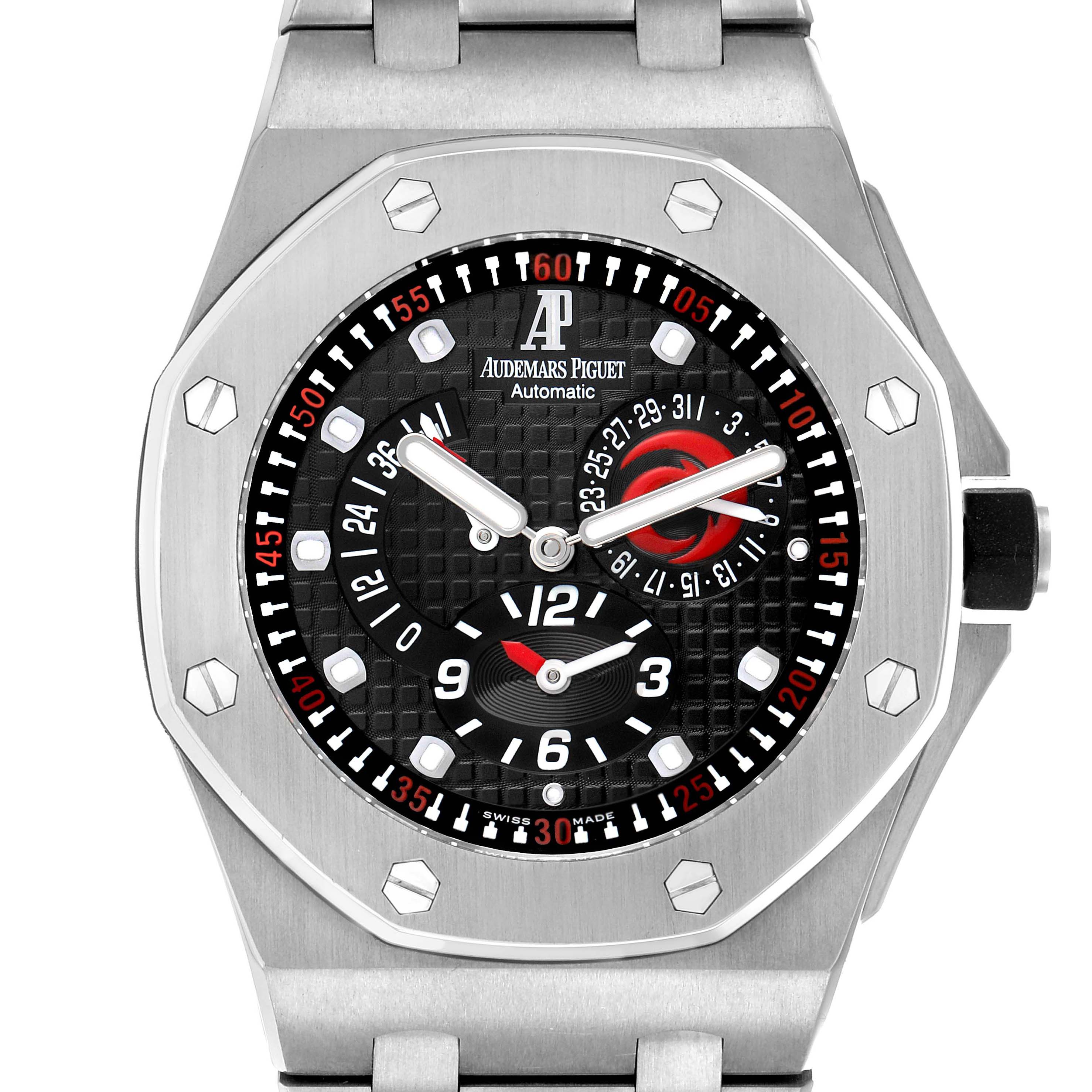 The Audemars Piguet Royal Oak 2599IP.OO.1000TI.01 Mens Titanium Black Dial watch is shown from the front, highlighting the octagonal bezel, dial, subdials, and crown.